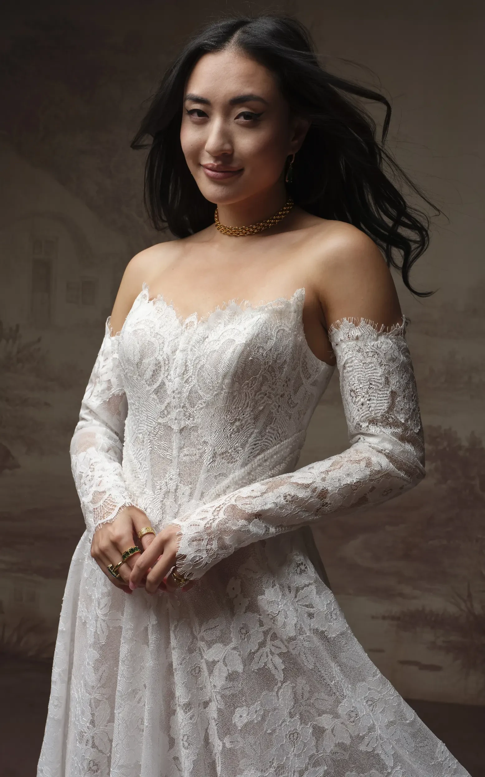 Model wearing boho wedding dress called Mischa by Maggie Sottero