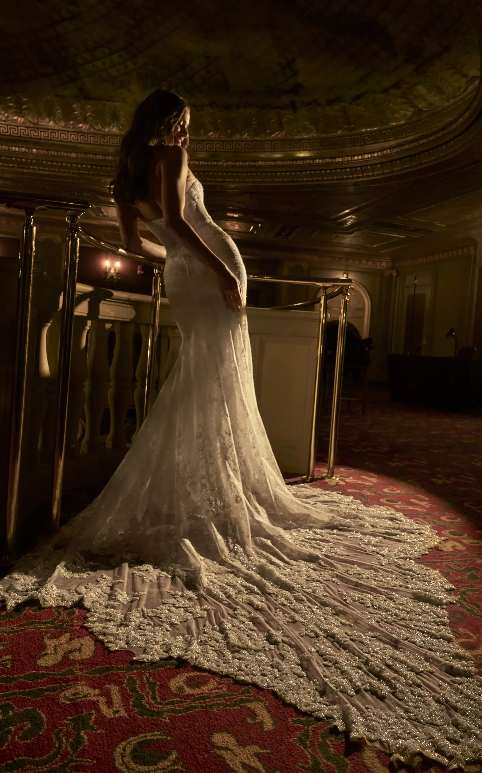 Model Wearing Lace Long Train Wedding Dress Called Collette By Maggie Sottero