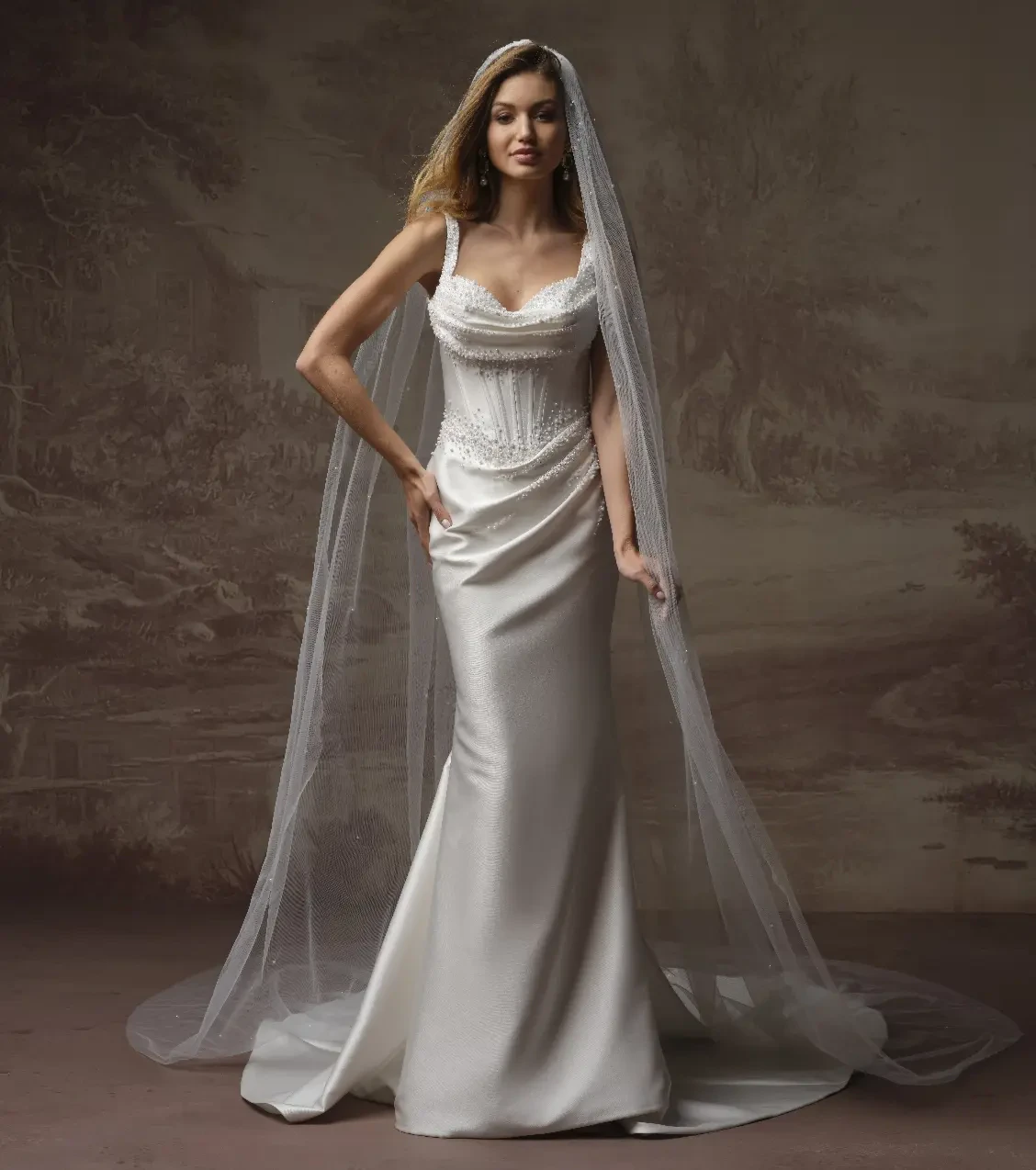 Bride Wearing Simple A-line Wedding Dress With Veil Called Tiffany By Maggie Sottero