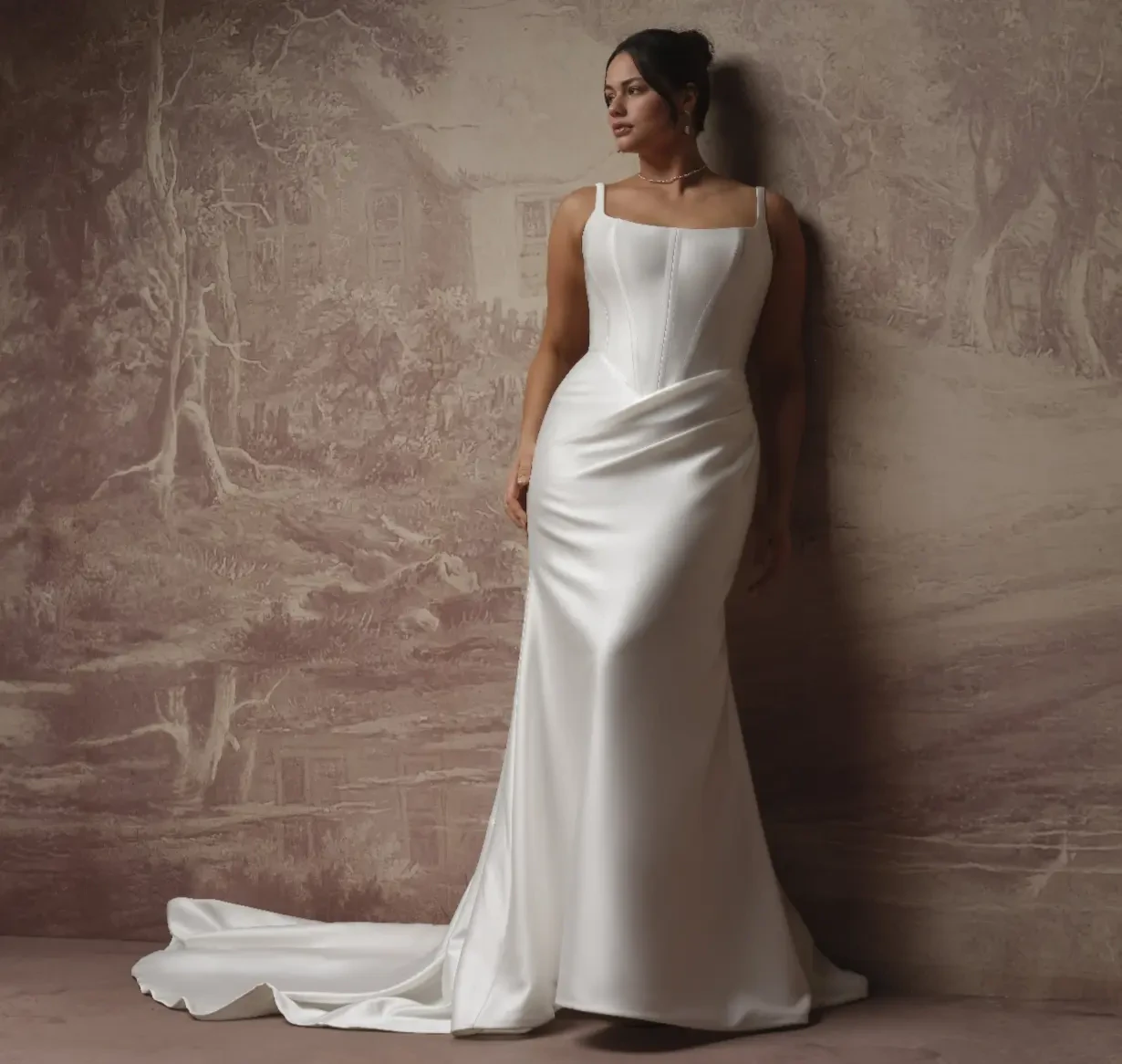 Model In a Studio Wearing Lace Fit-and-flare Wedding Dress Called Estelle By Maggie Sottero
