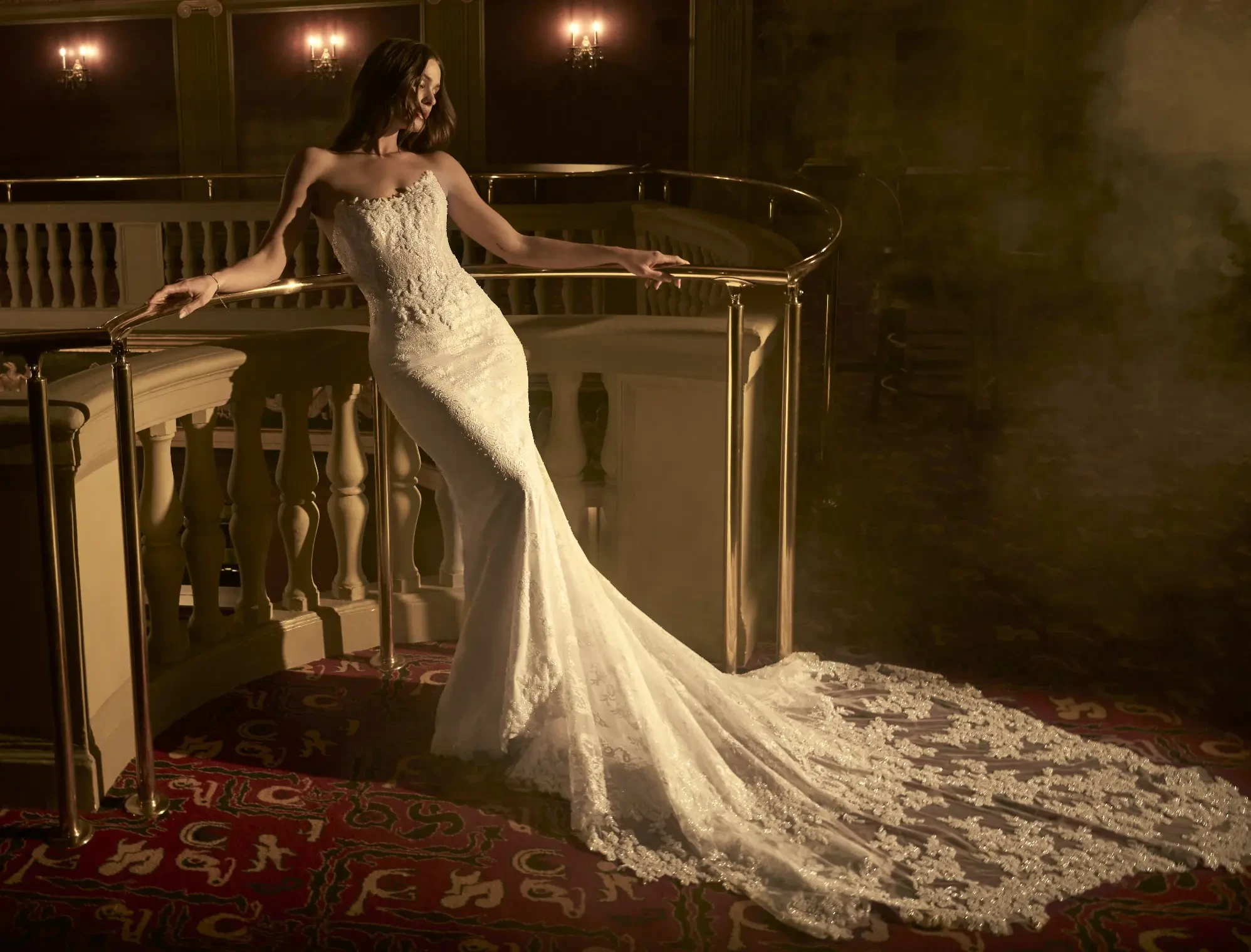 Model In A Dark Room Wearing Lace Wedding Dress Called Maelle By Maggie Sottero