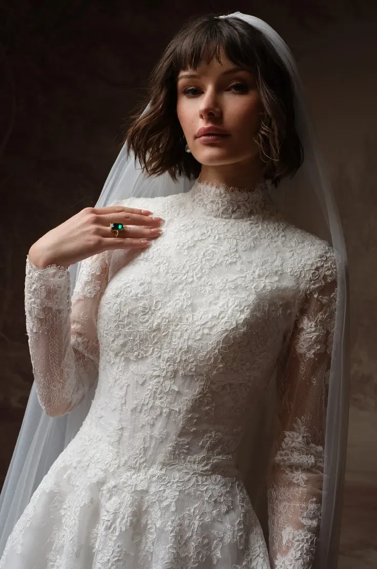 Model In A Studio Wearing Vintage-Inspired Wedding Dress Called Cody By Rebecca Ingram