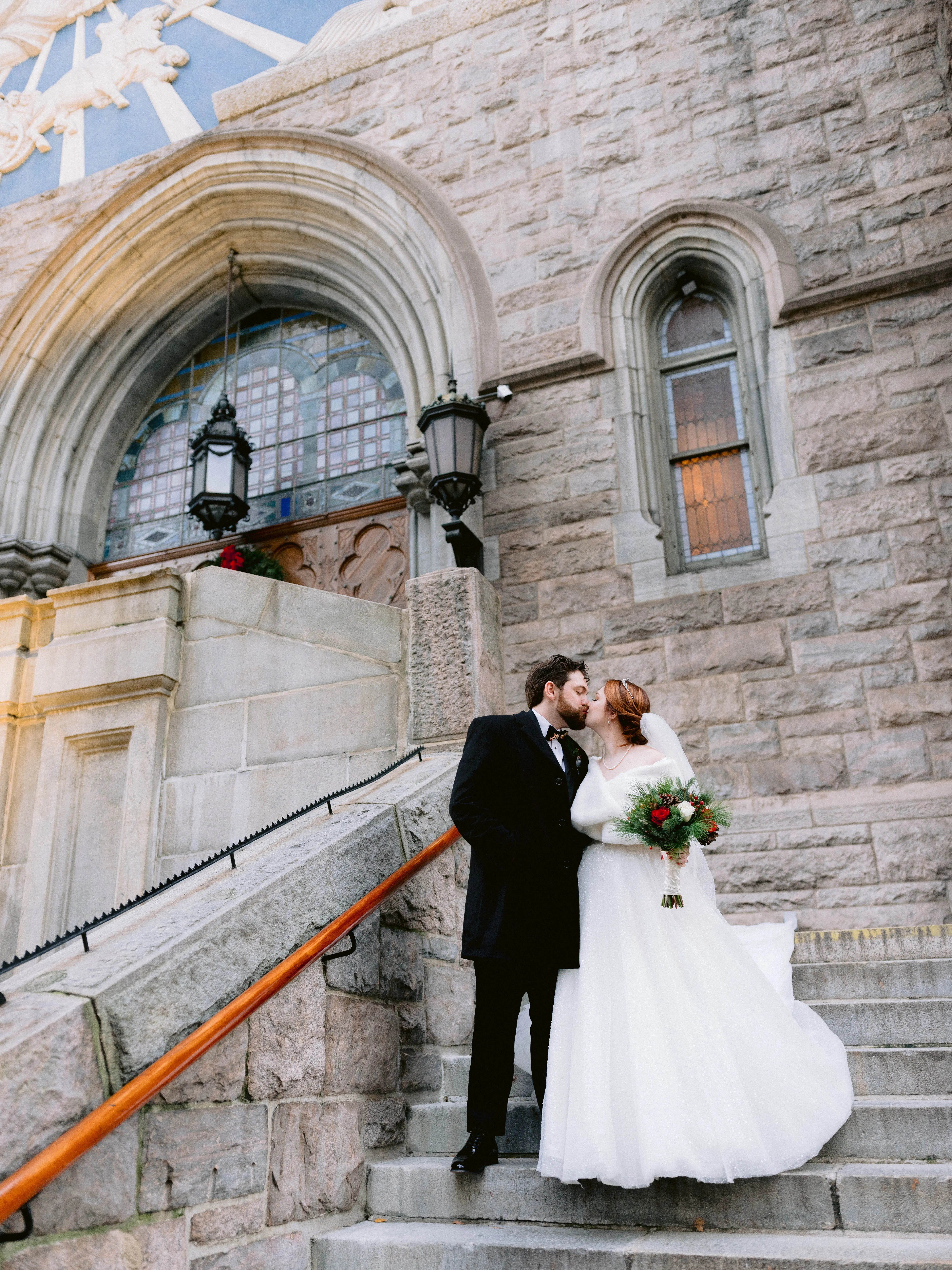 Bride Wearing Off-the-Shoulder Ballgown Wedding Dress called Shasta by Sottero and Midgley With Groom In NYC