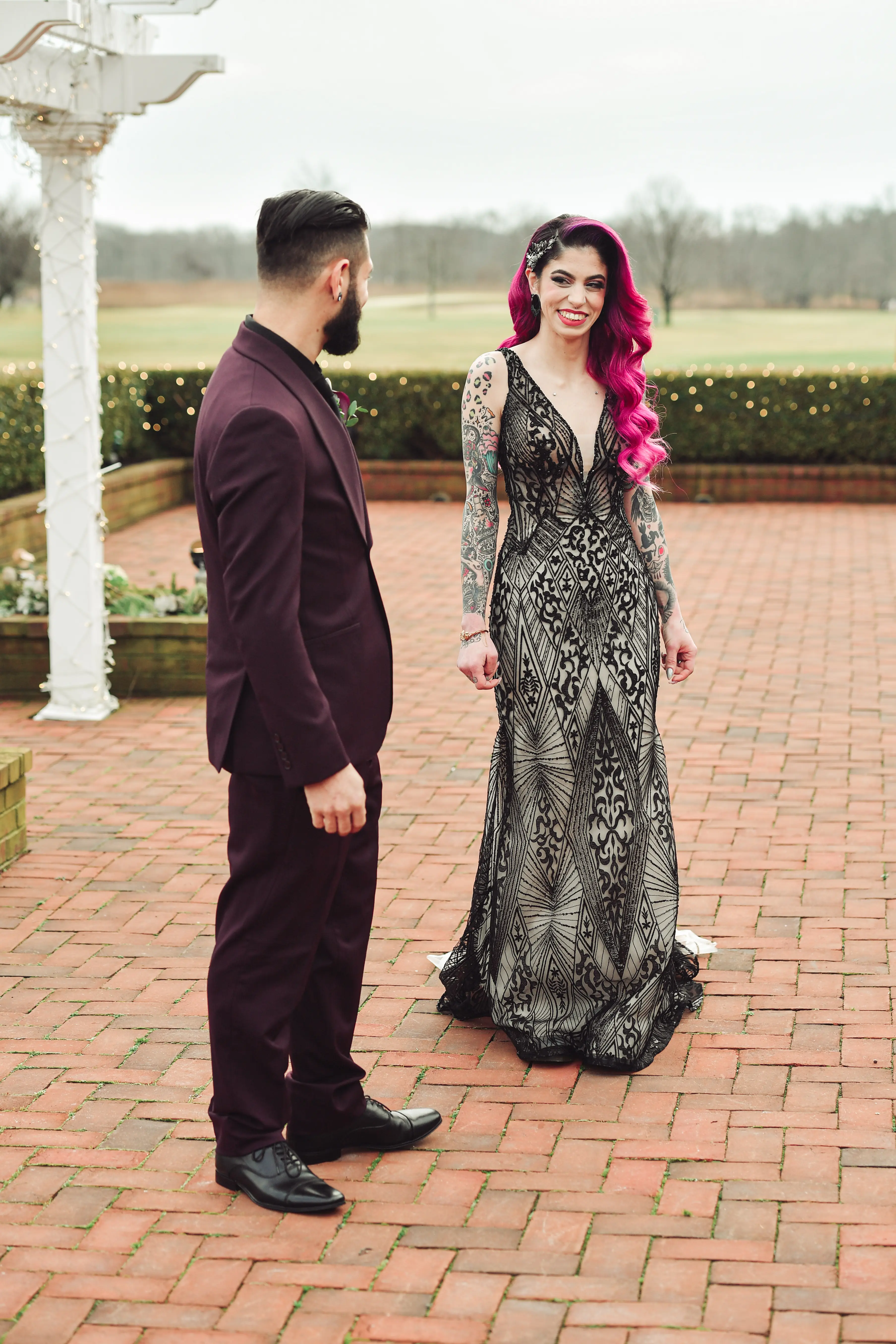 Groom With Bride Wearing Black Art Deco Wedding Dress Elaine By Maggie Sottero