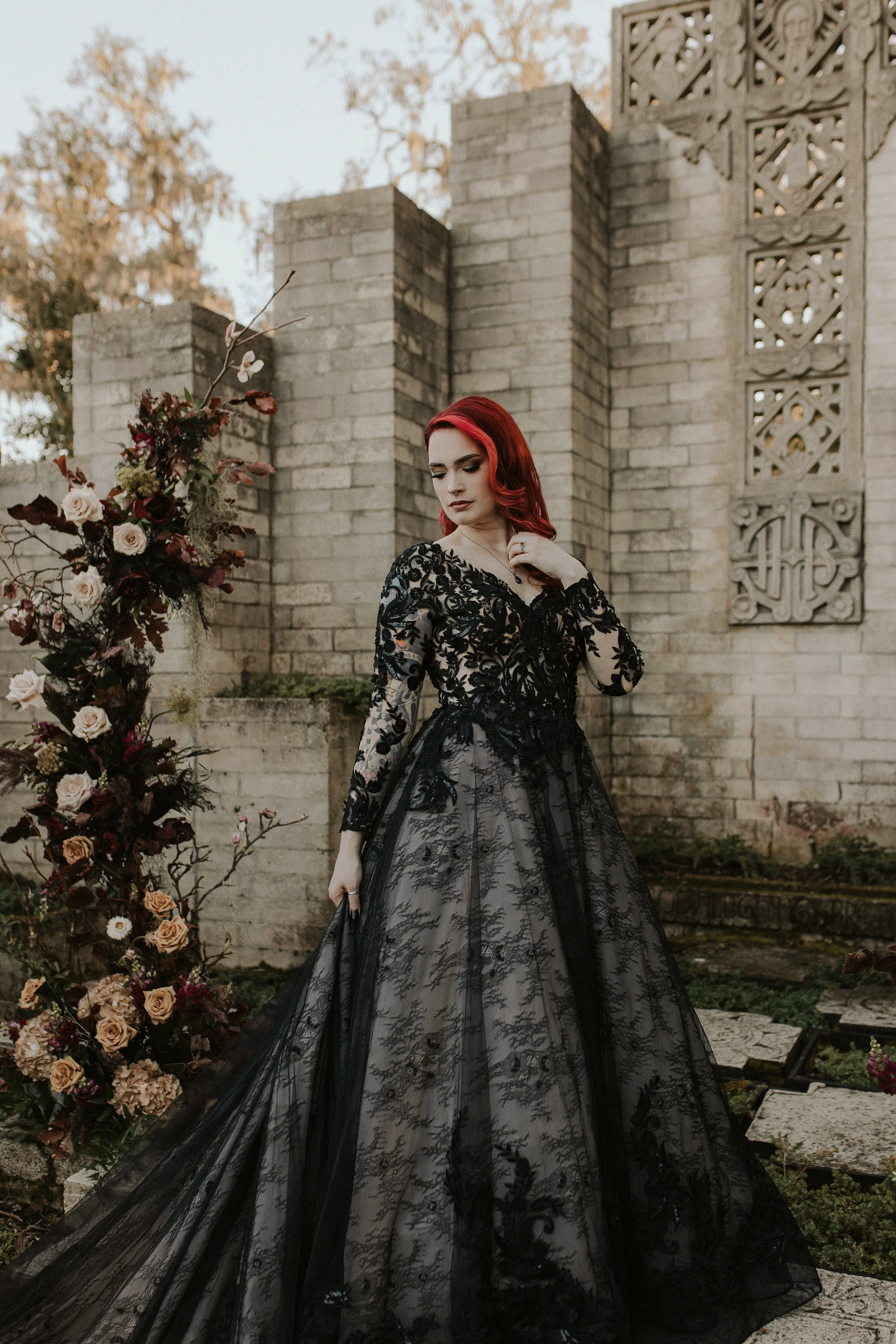 Red Head Bride In Black Wedding Dress With Illusion Lace Called Zander By Sottero And Midgley