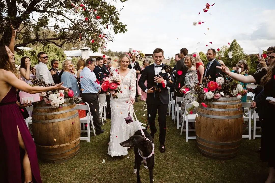 Bride and Groom are Joined in Walking Down the Isle with their Dogs. Bride in Vintage Inspired Puff Sleeve Mermaid Wedding Dress in 3-D Floral Motifs Called Cruz by Sottero & Midgley