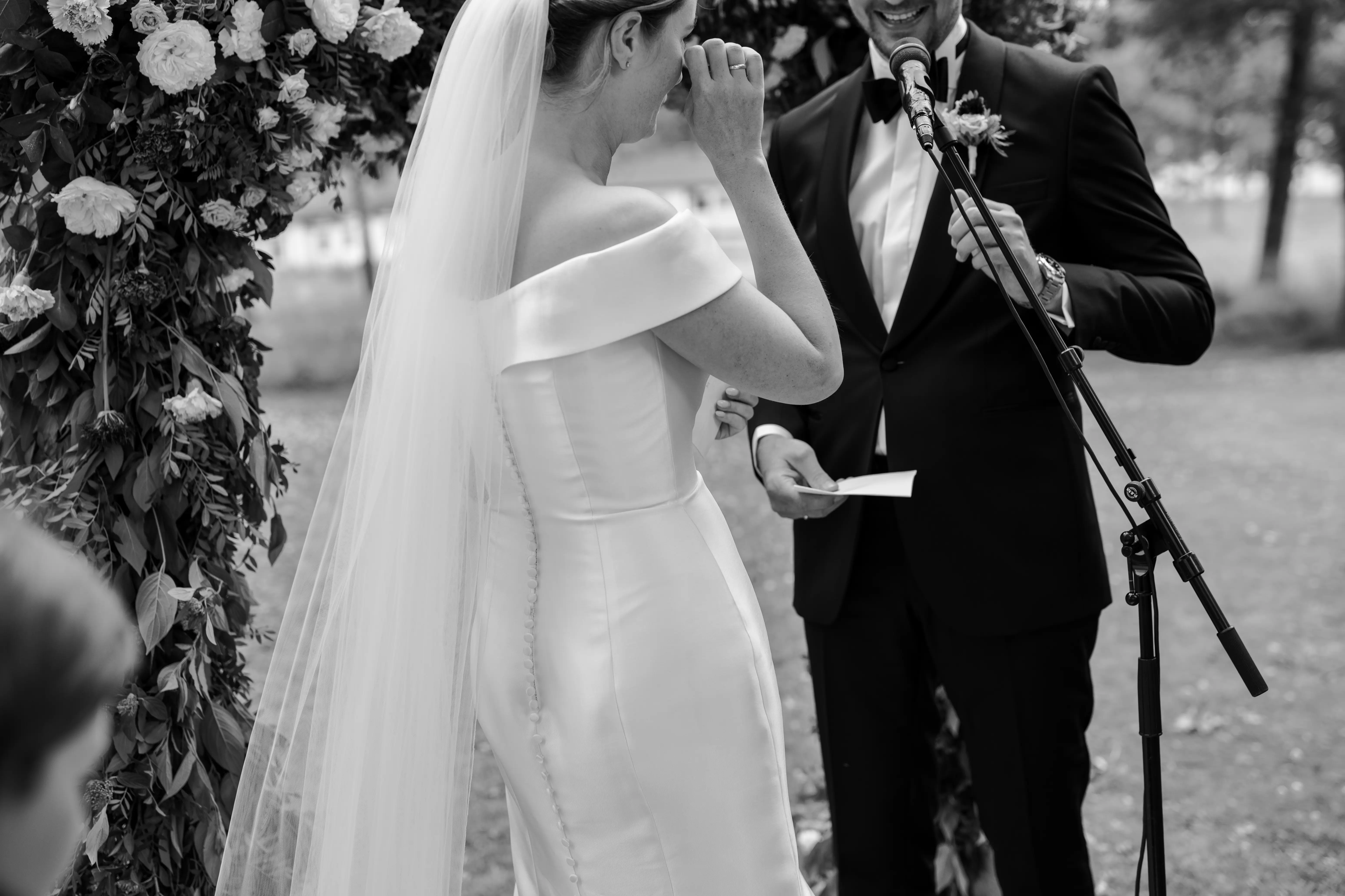 Groom With Bride Wearing Off The Shoulder Fit And Flare Josie By Rebecca Ingram