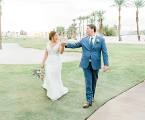 Groom With Bride Wearing Art Deco Wedding Dress Elaine By Maggie Sottero