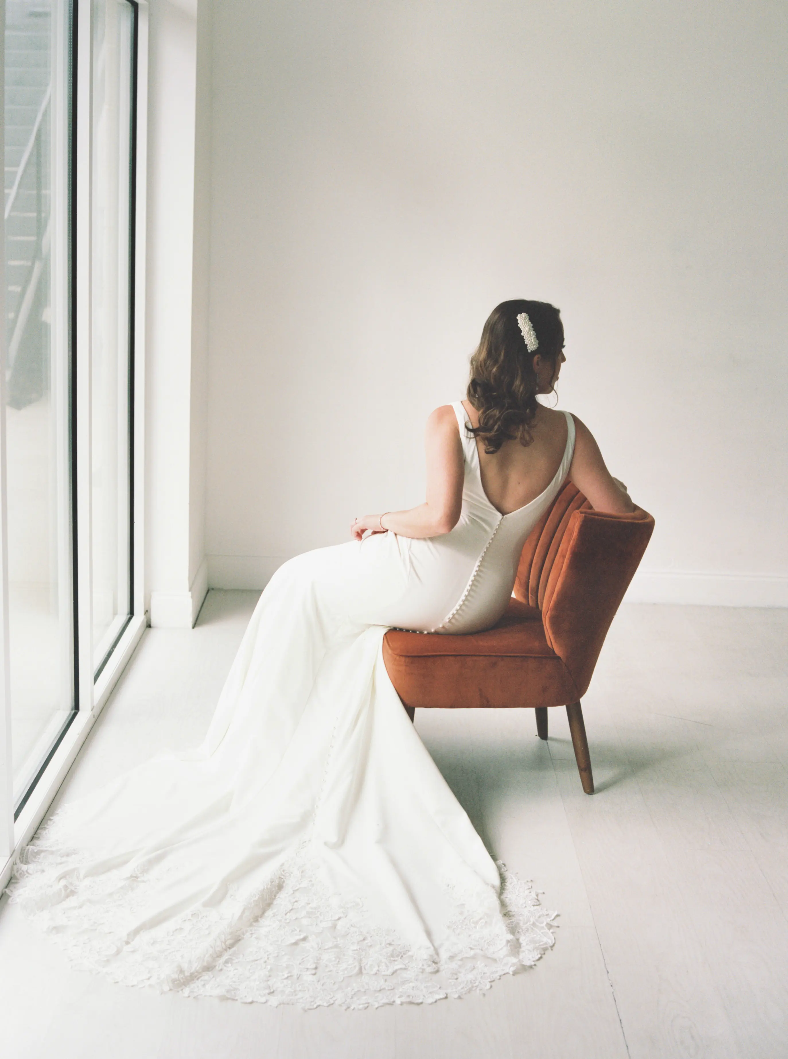 Bride Wearing Classic Sheath Wedding Dress Alice By Rebecca Ingram