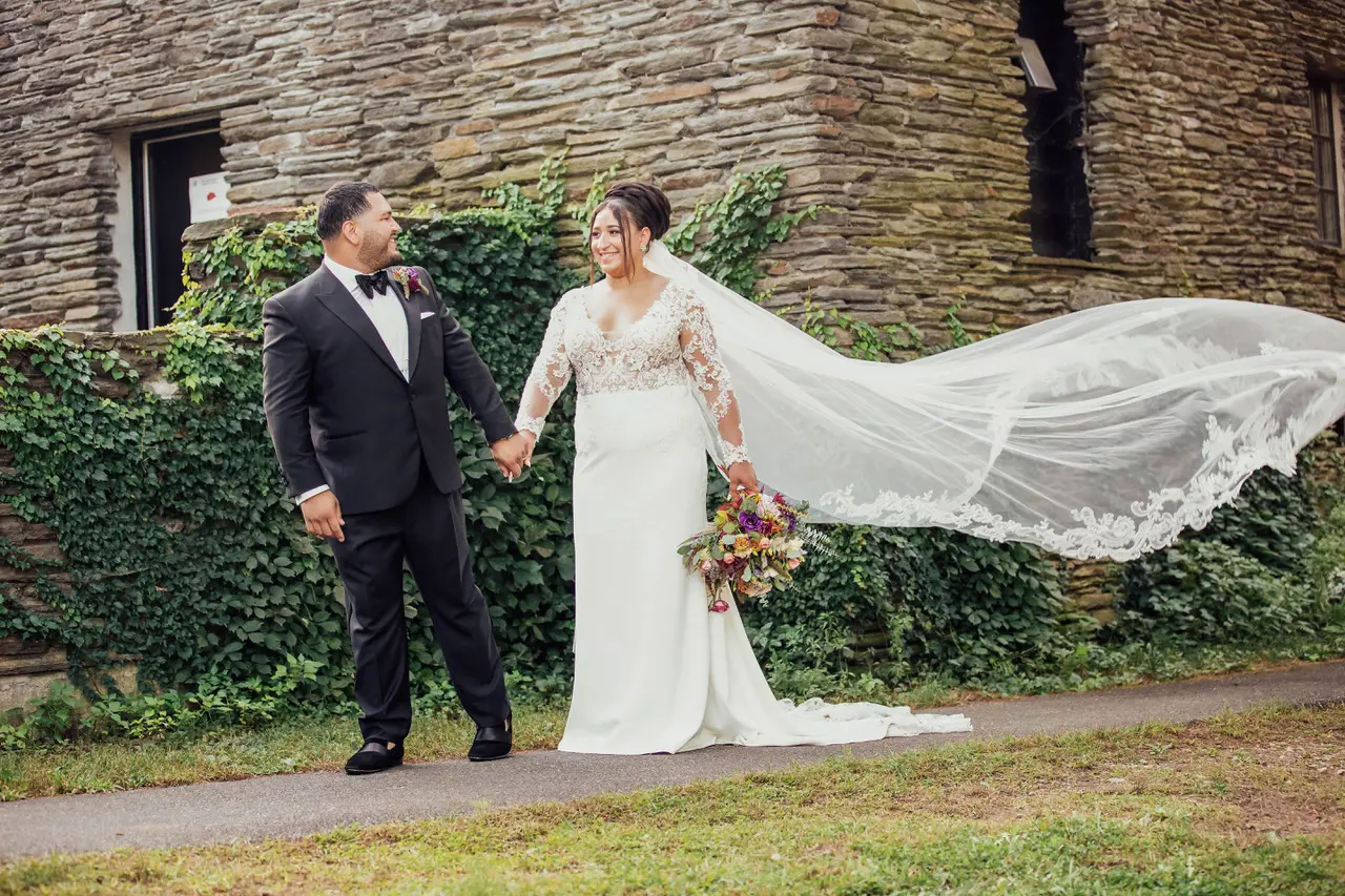 Groom With Bride Wearing Sheath Lace Long Sleeve Wedding Dress Althea By Maggie Sottero