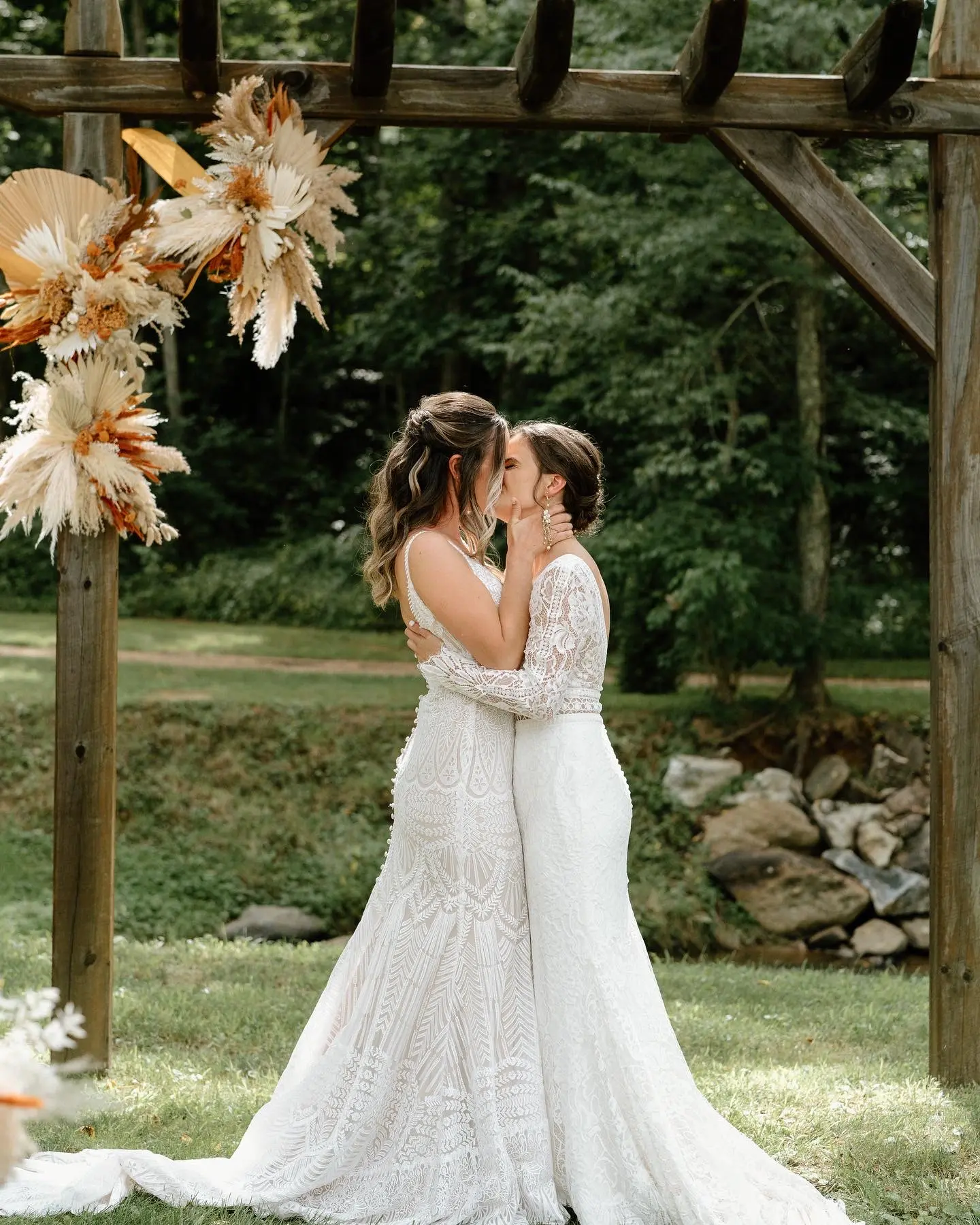 Bride With Bride Wearing Boho Lace Wedding Dress Drita By Maggie Sottero