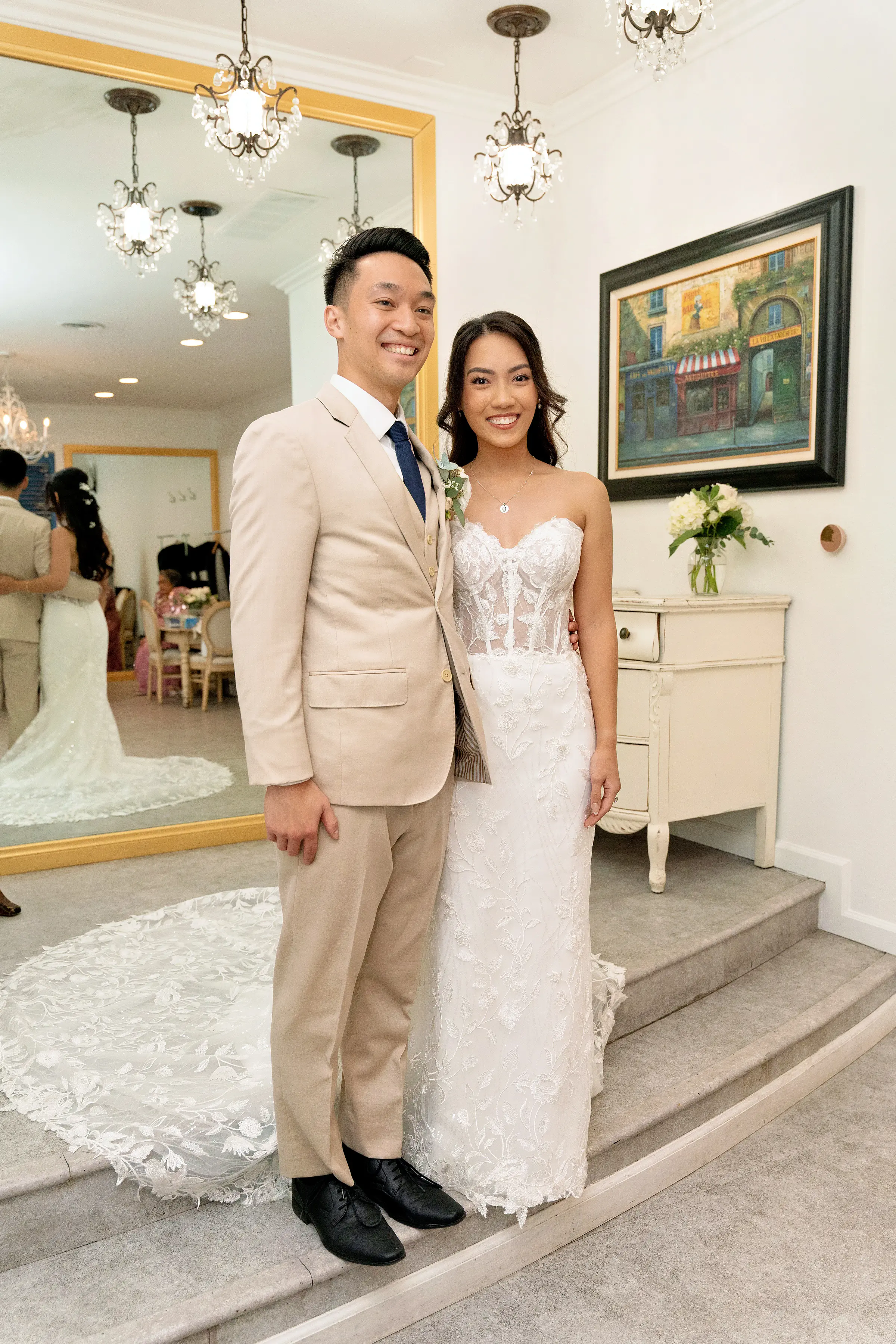 Bride Wearing Lace Fit And Flare Wedding Dress Called Fairchild By Maggie Sottero With Groom