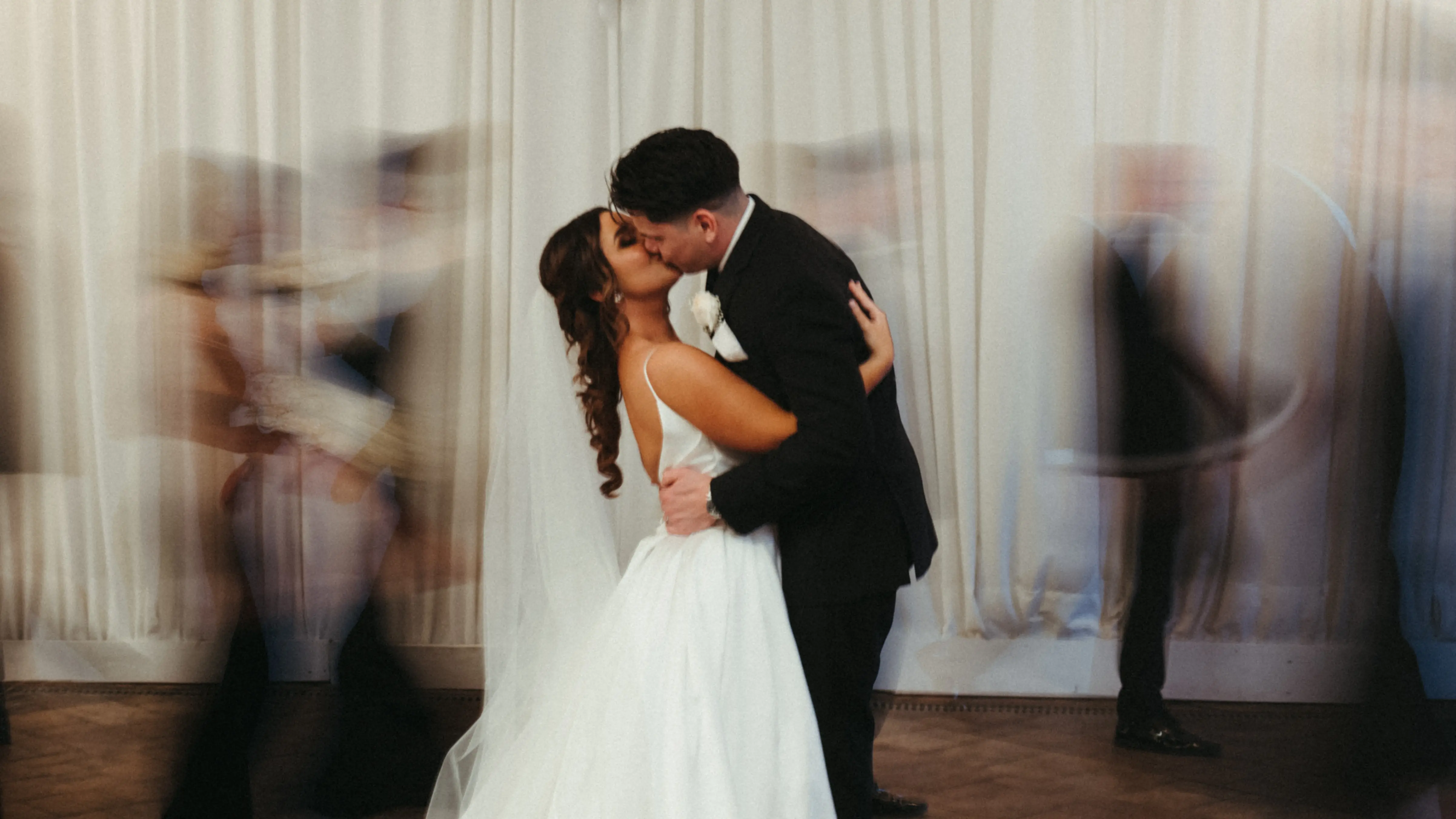 Bride In Simple Satin Wedding Dress Called Scarlet By Maggie Sottero With Groom