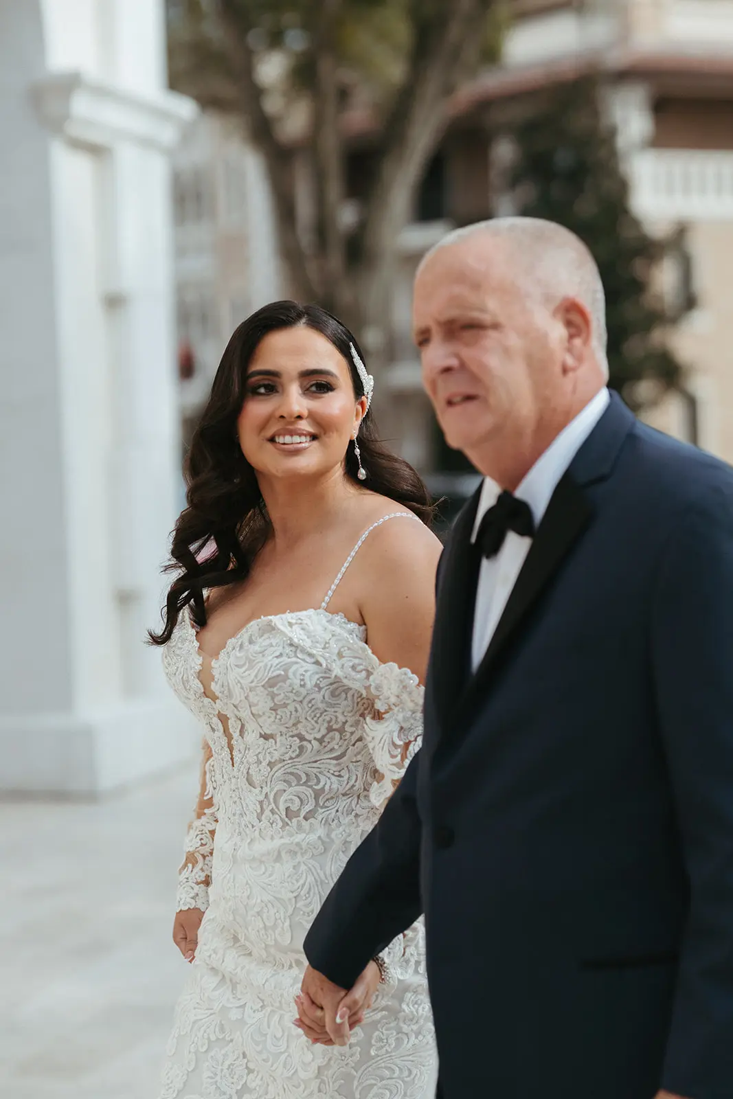 Father With Bride Wearing Sparkly Lace Fit-And-Flare Fiona By Maggie Sottero