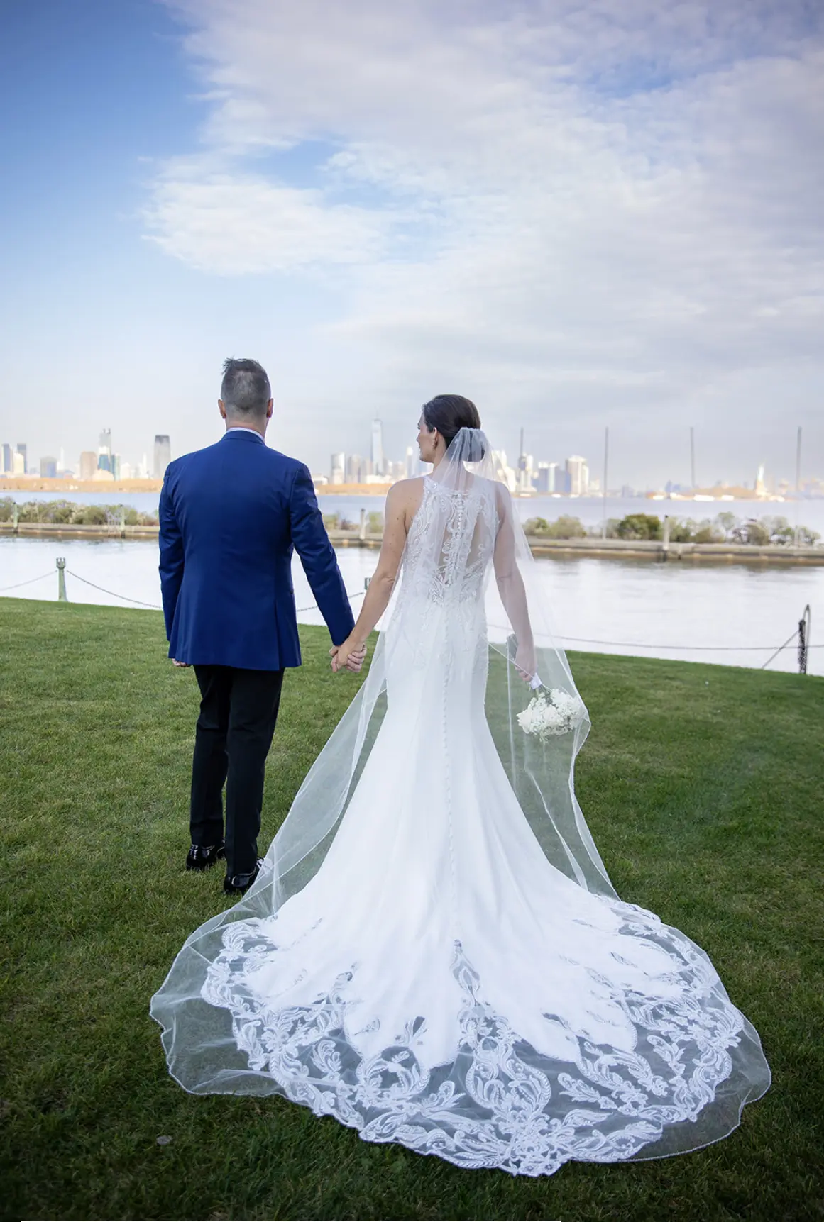 Groom With Bride Wearing Halter Style Crepe Wedding Dress Audrina By Maggie Sottero