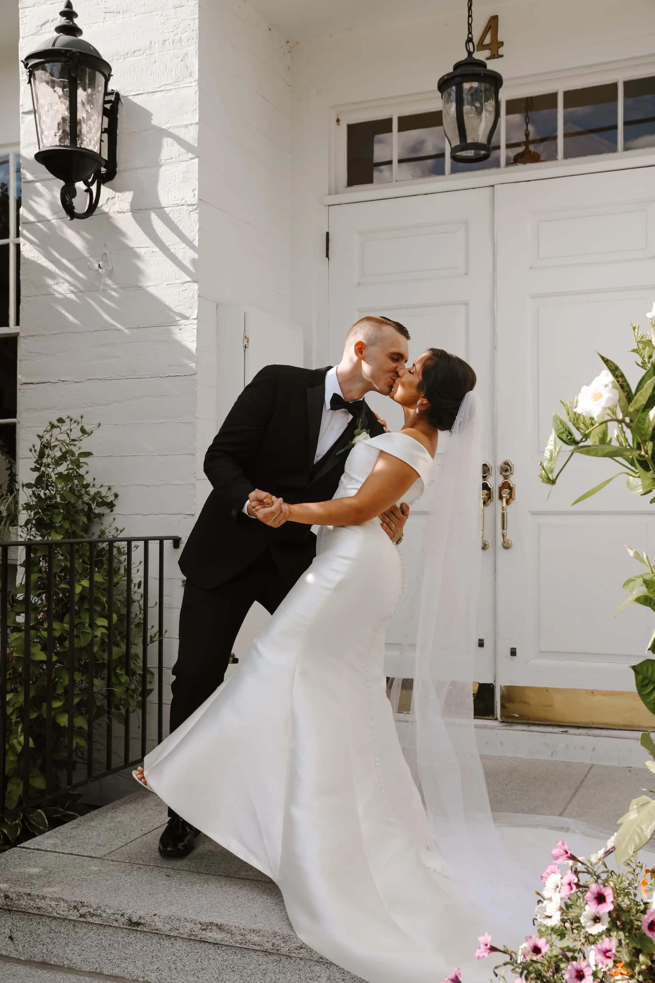 Groom With Bride Wearing Vintage Off The Shoulder Fit-And-Flare Wedding Dress Josie By Rebecca Ingram