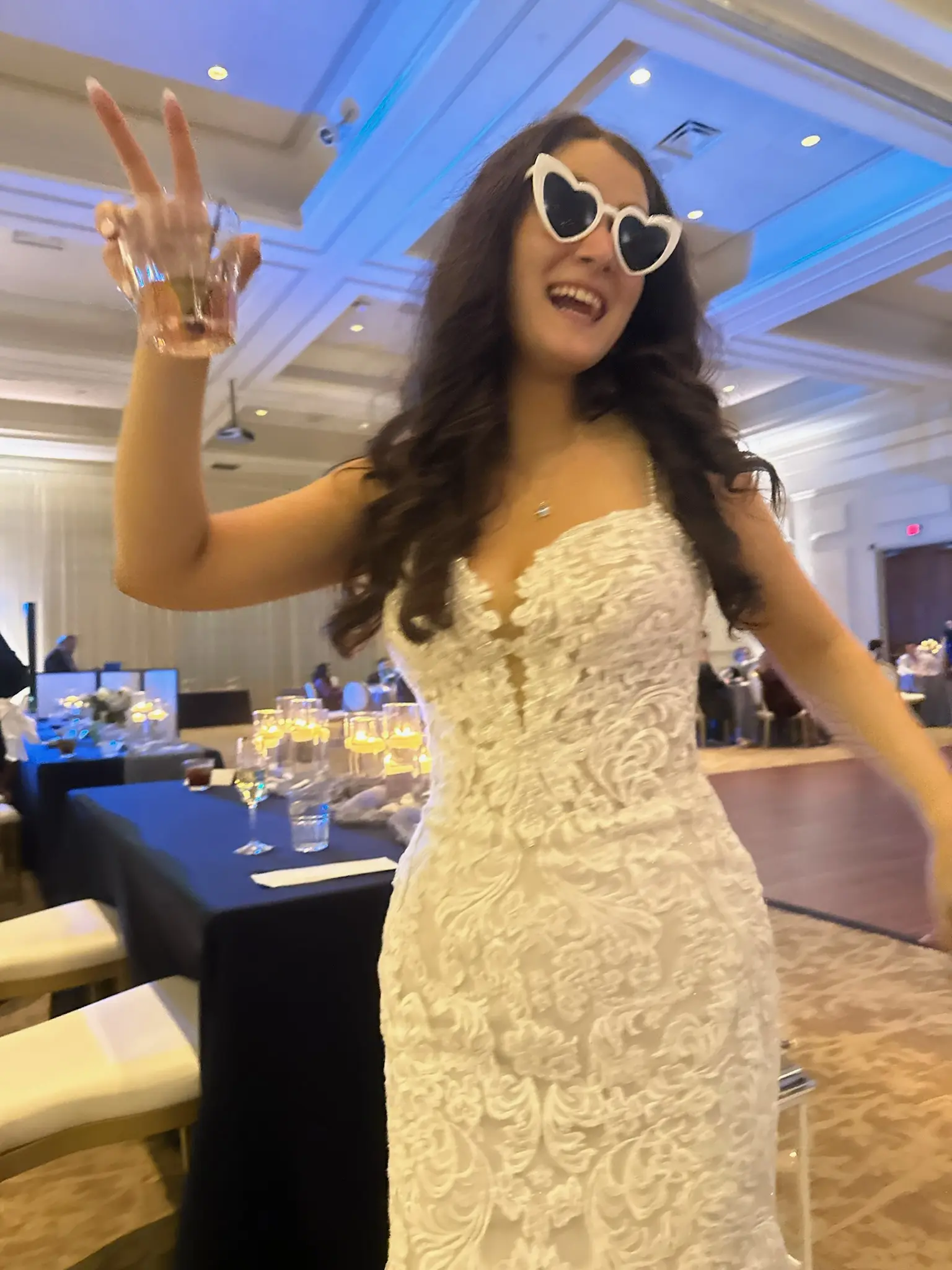 Bride Wearing Fit-n-Flare Wedding Dress Called Fiona By Maggie Sottero Wearing Heart Sunglasses