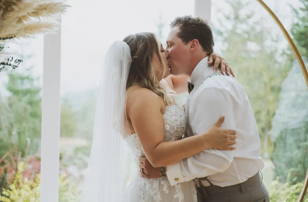 Groom With Bride Wearing Princess Lace Bridal Dress Stevie By Maggie Sottero