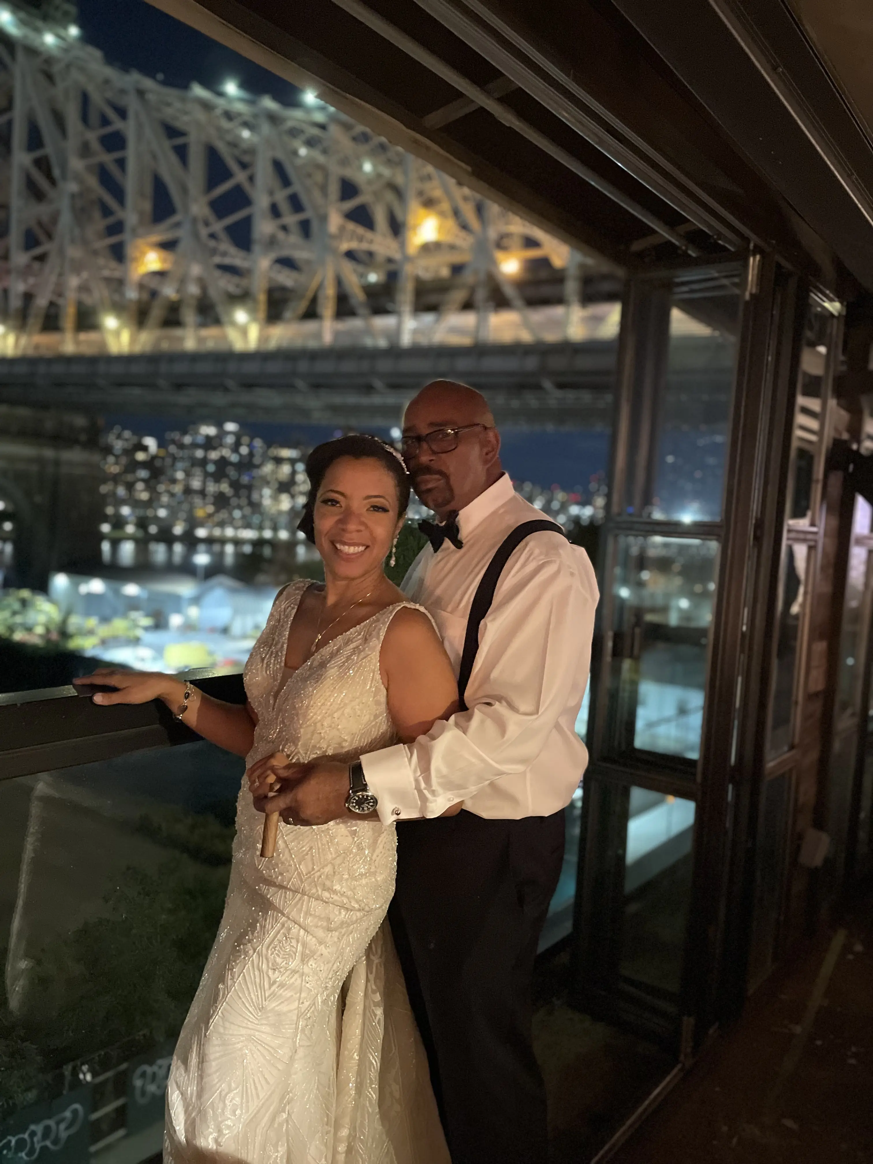 Bride And Groom Standing Together. Bride Wearing Beaded Embroidered Art Deco Gown Called Elaine By Maggie Sottero