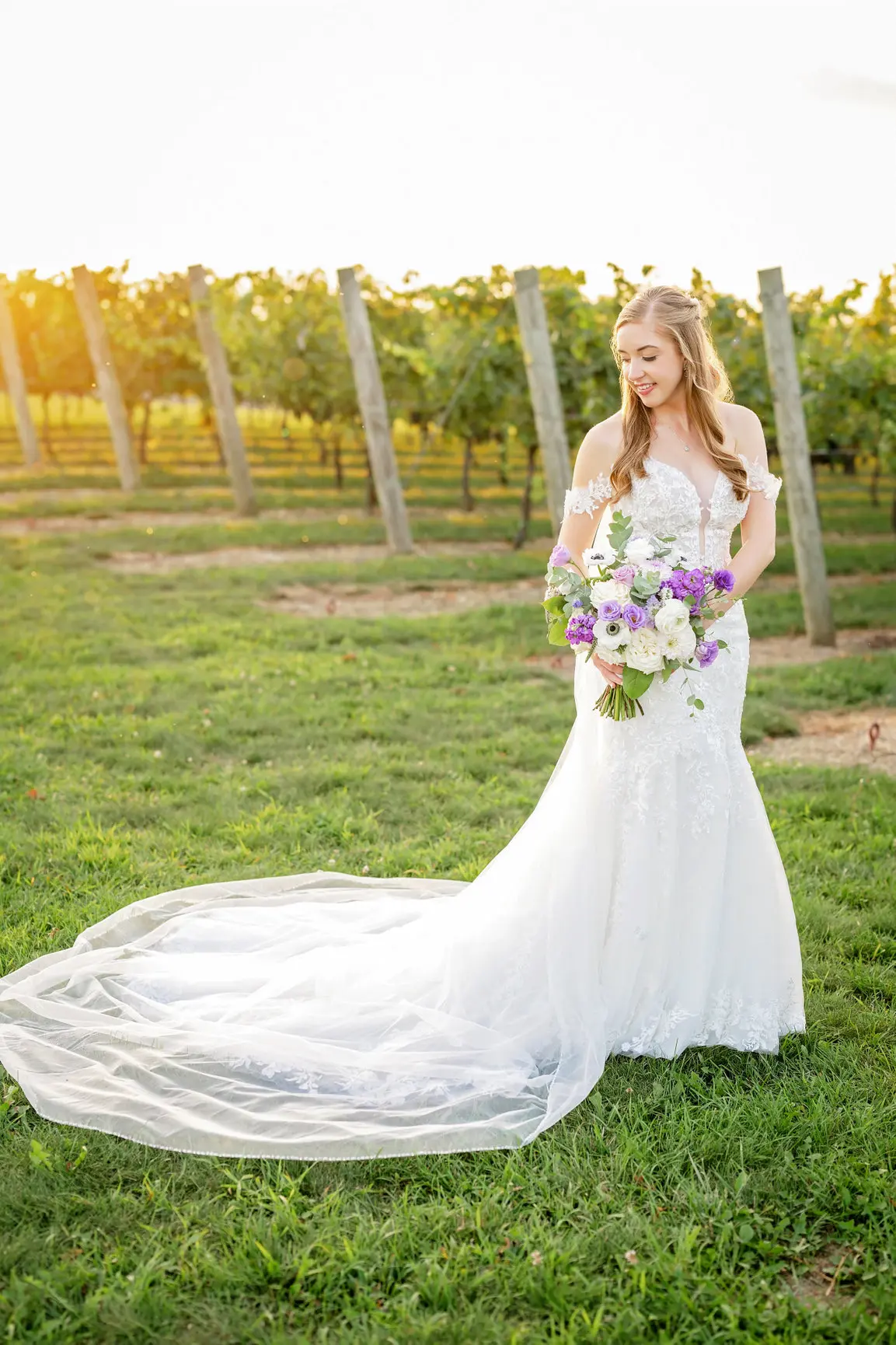 Bride Wearing Lace Wedding Dress Called Lennon By Maggie Sottero In A Vineyard Holding A White And Purple Bouquet