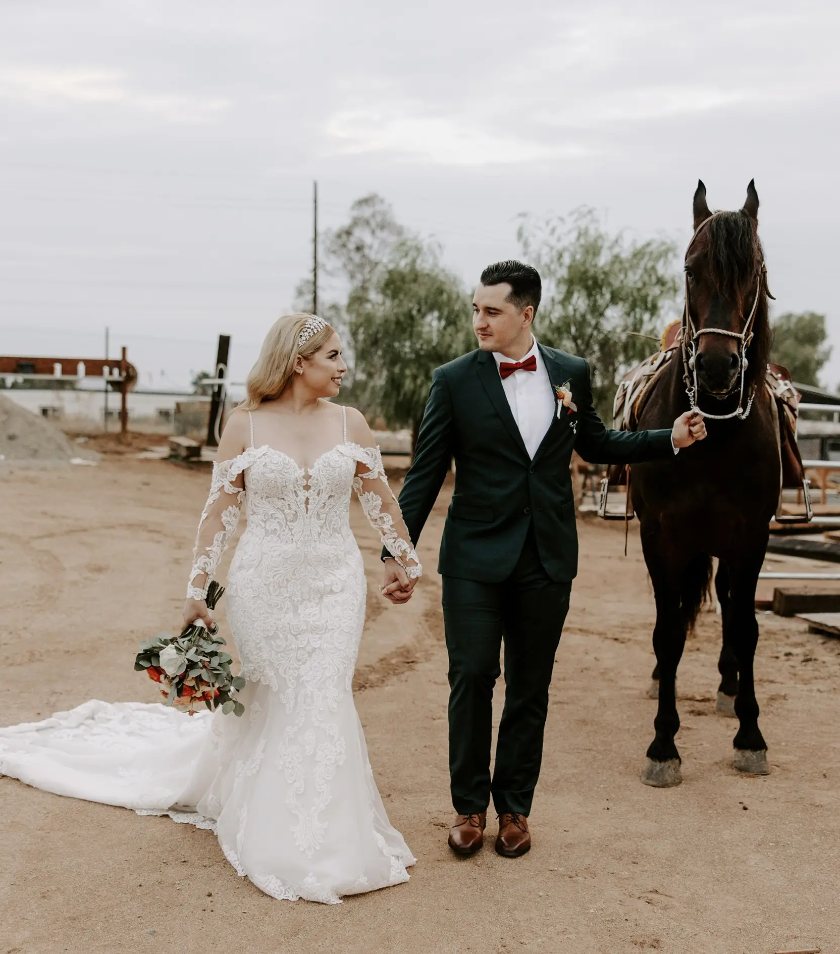 Real Bride in Sparkly Lace Fit-and-Flare Bridal Dress with Off-the-Shoulder Sleeves Called Fiona by Maggie Sottero