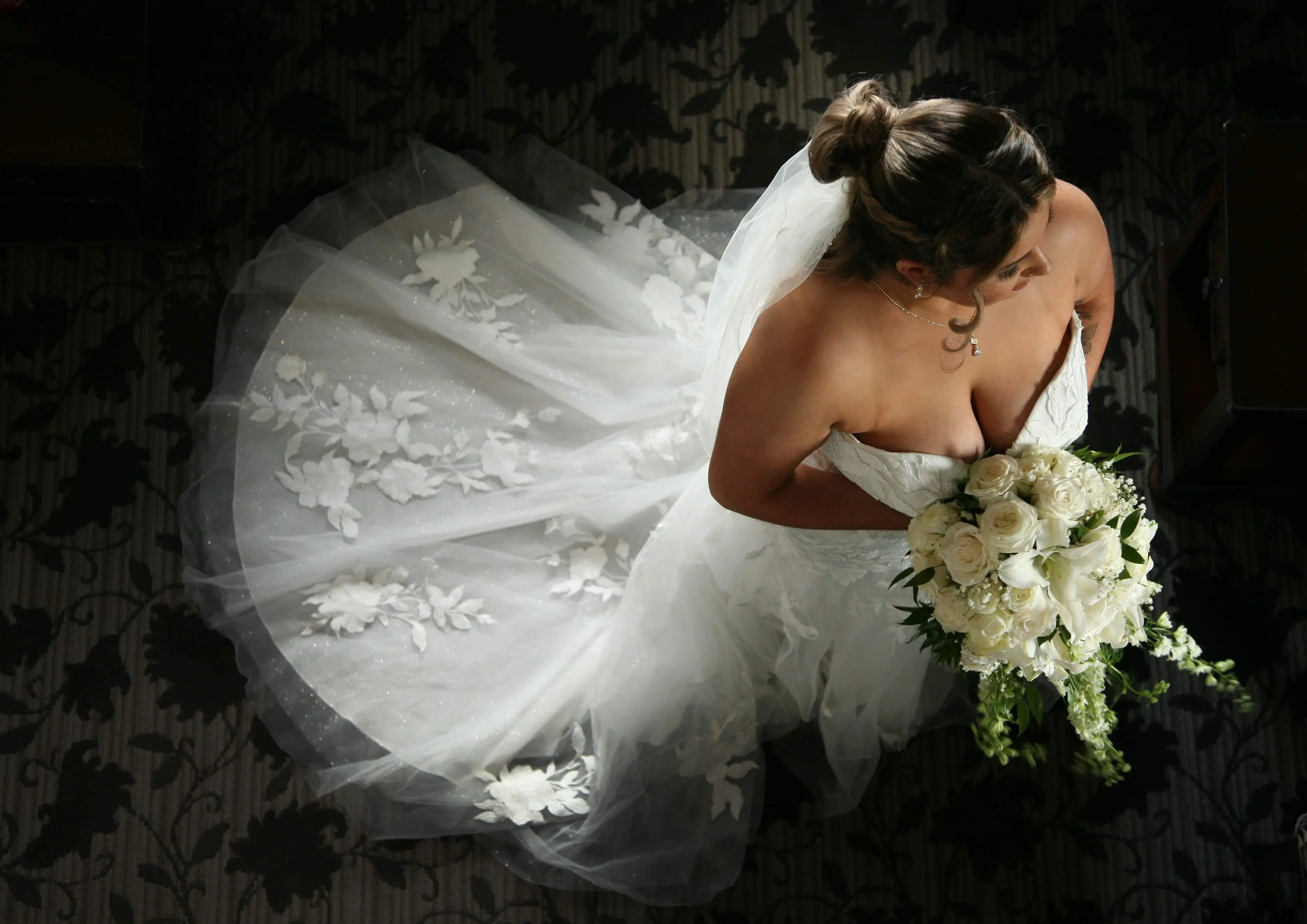 Real Bride in Strapless Mermaid Bridal Gown with Oversize Floral Lace Motifs Called Hattie by Rebecca Ingram