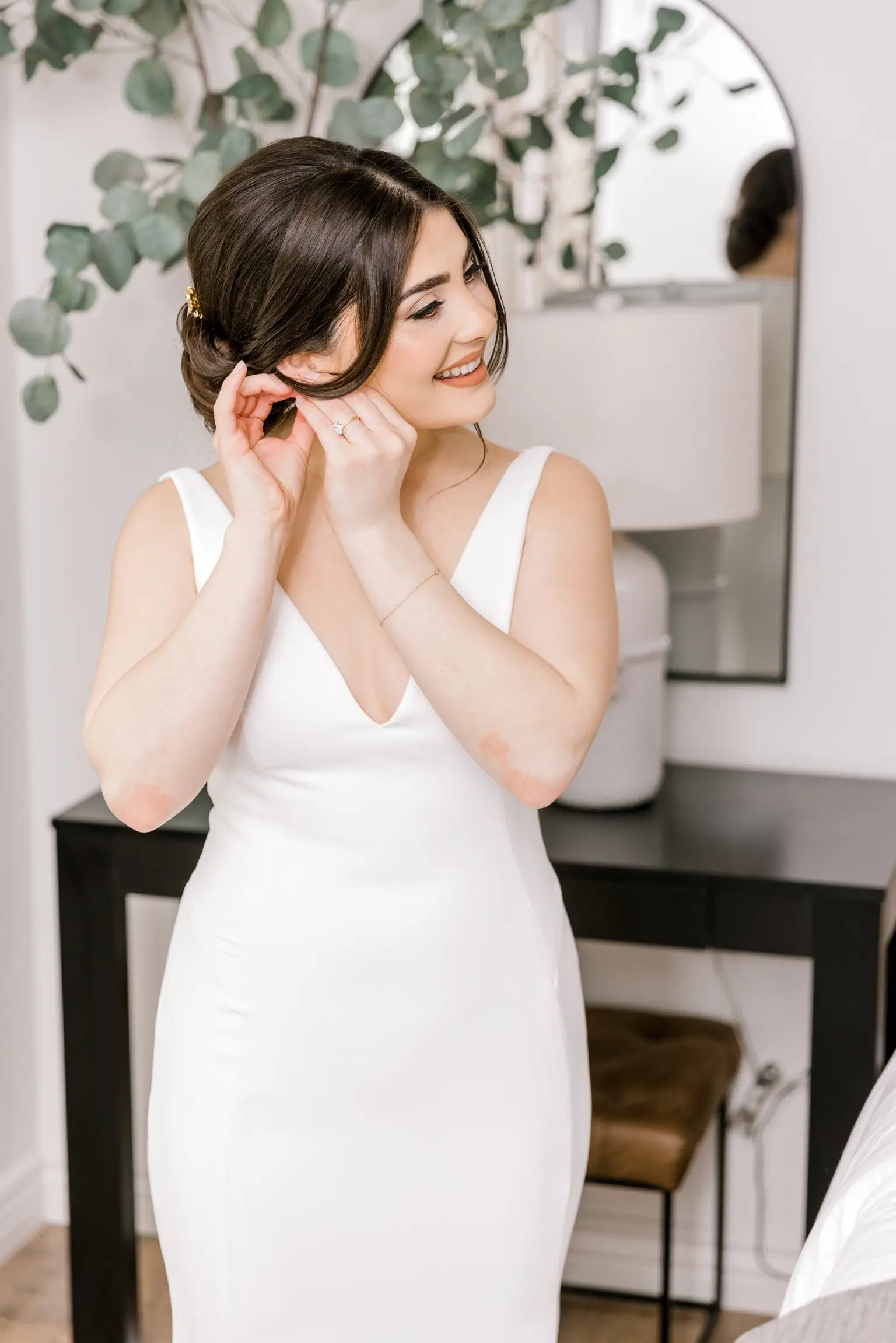 Bride In Simple Crepe Wedding Dress Called Fernanda By Maggie Sottero
