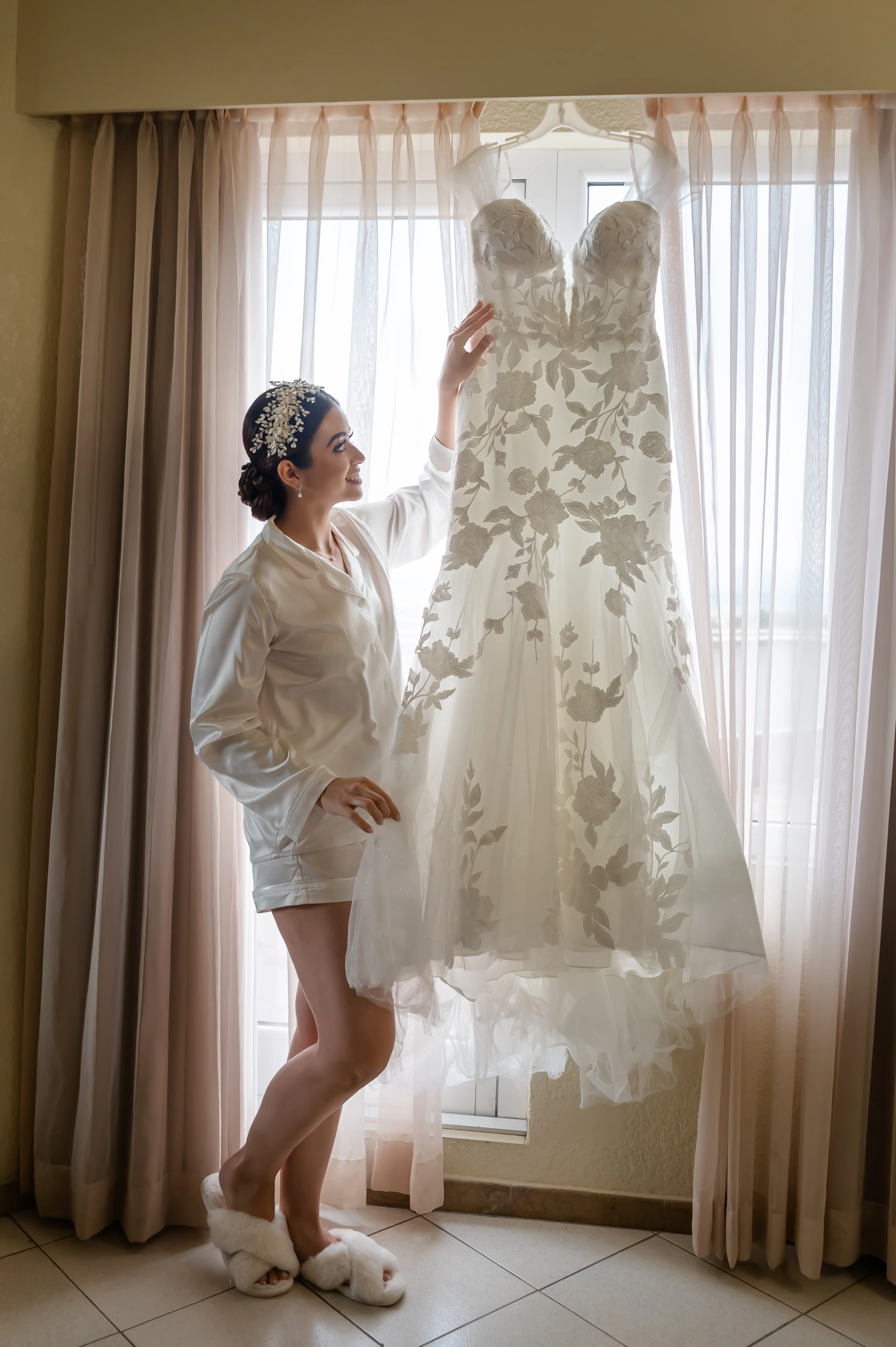Bride Standing with Mermaid Wedding Dress Called Hattie by Rebecca Ingram