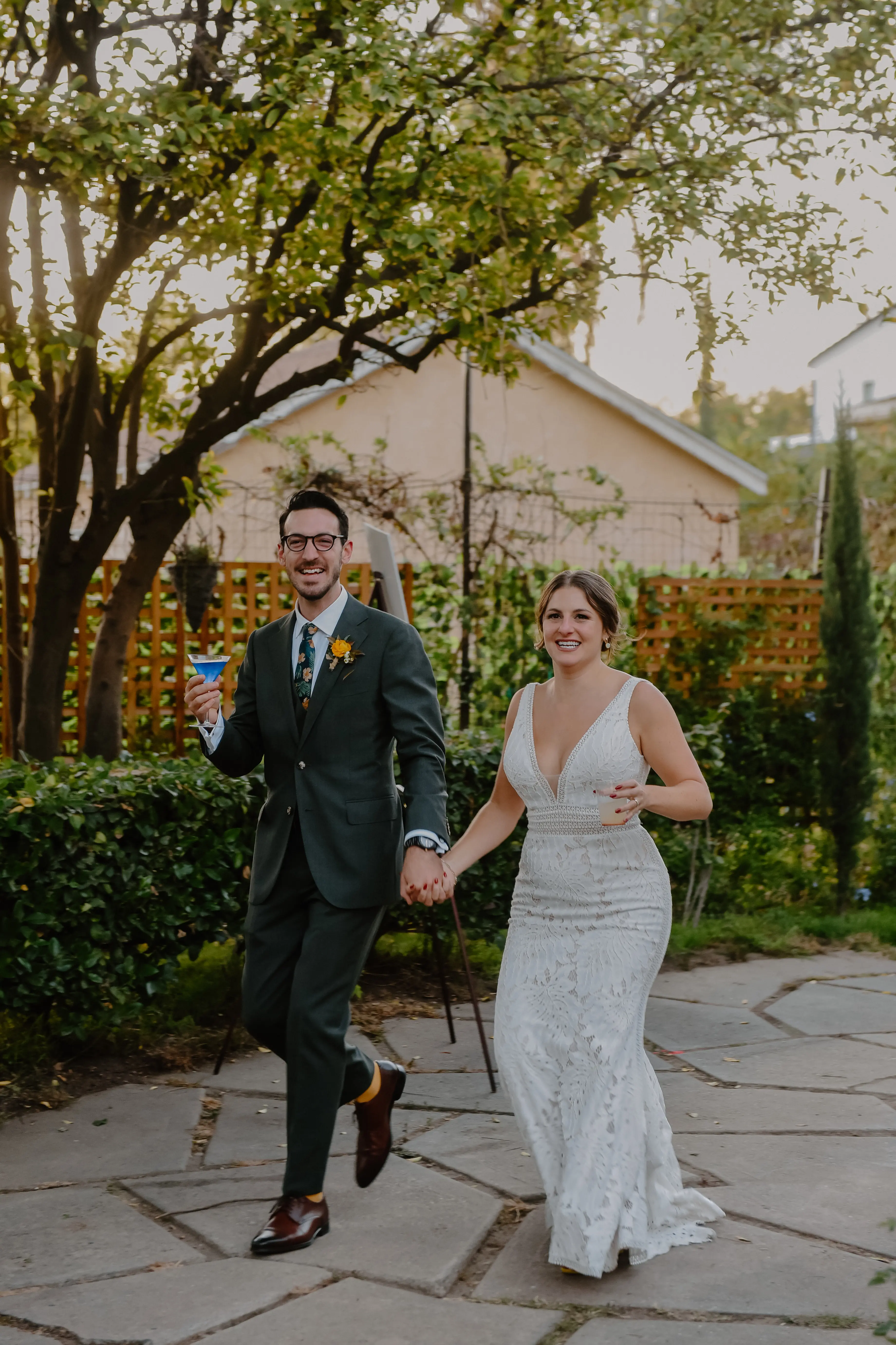 Bride wearing sexy boho lace wedding dress.