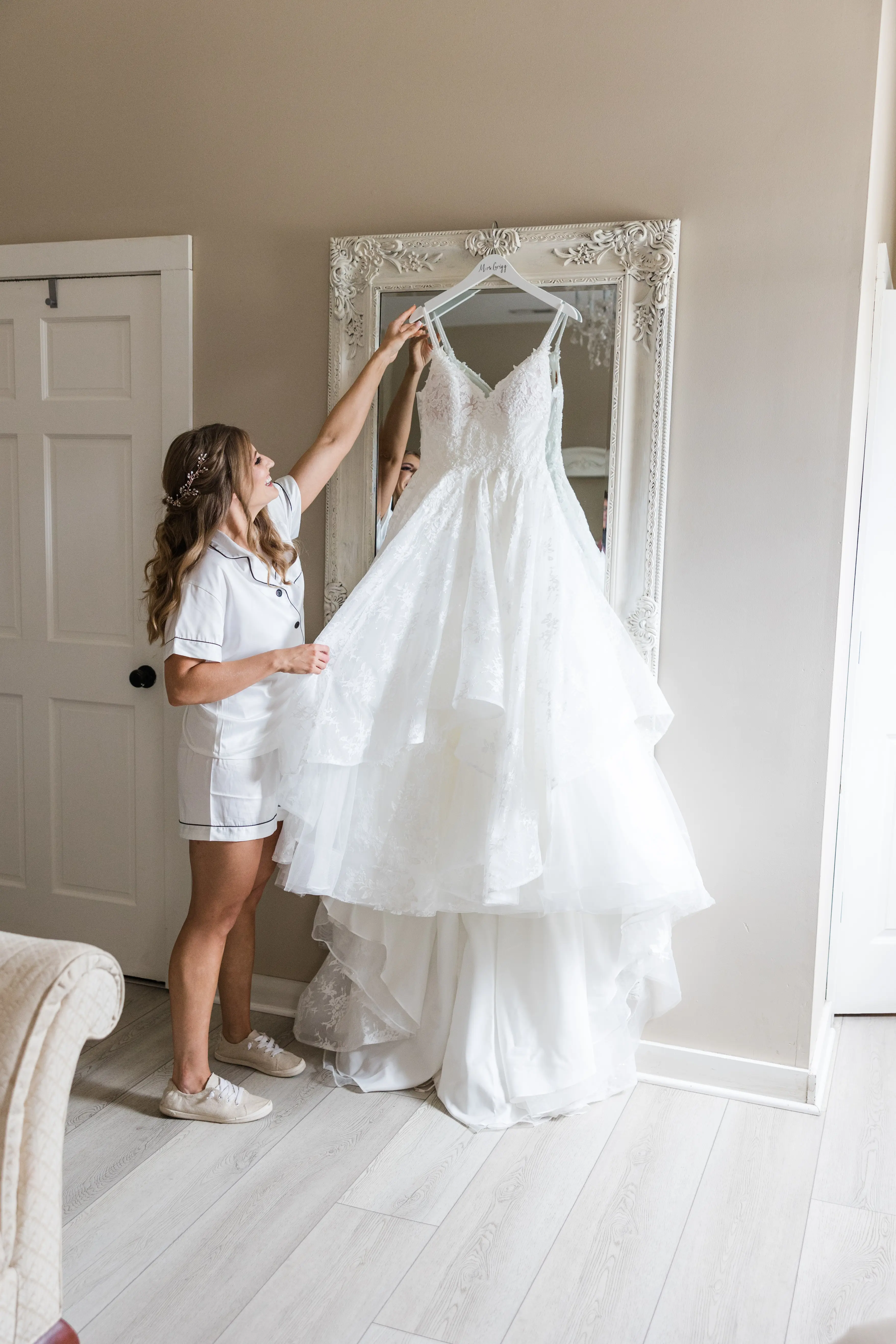 Real Bride Excited to Wear Her Modern Princess Wedding Dress with a Tiered Sequin Tulle Skirt Called Yuri by Maggie Sottero