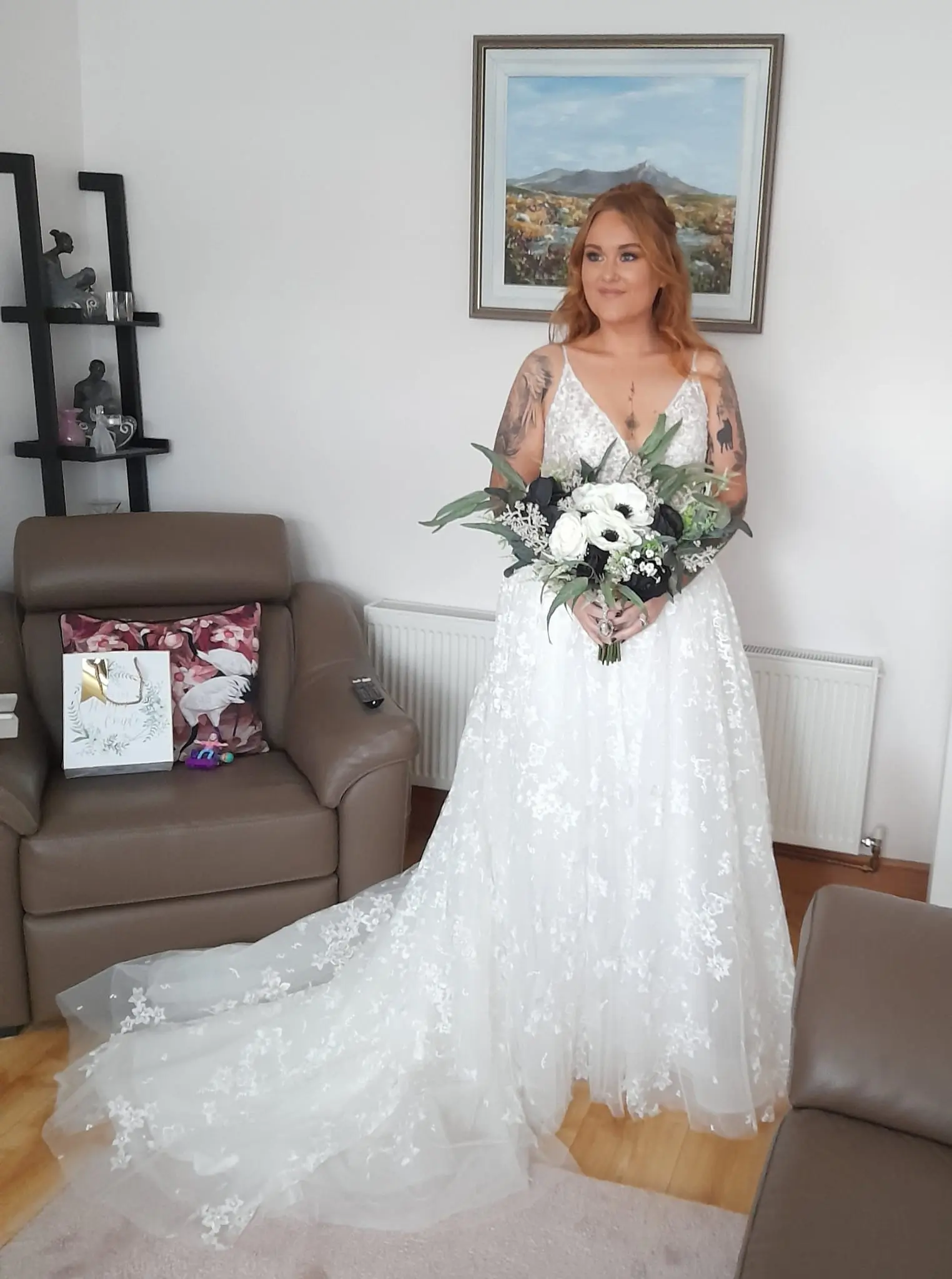 Real Bride in Floral A-Line Wedding Dress with Soft, Dreamy Layers Called Lorenza by Maggie Sottero
