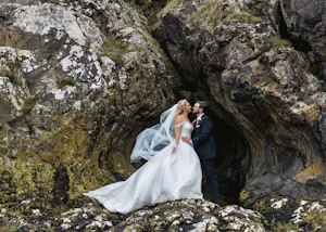 Bride In Satin Wedding Dress Called Kimora By Sottero And Midgley With Groom