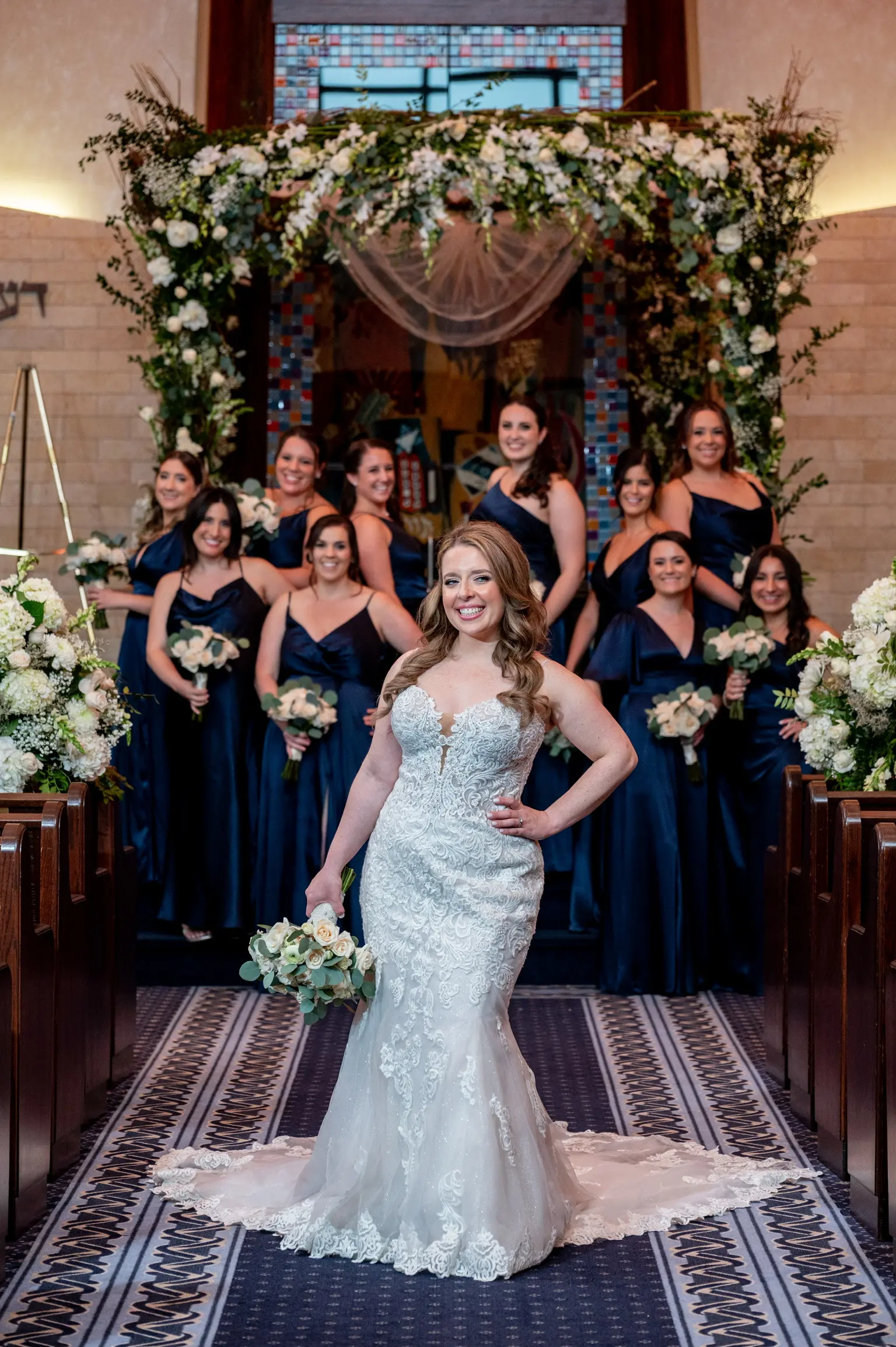 Bride Wearing Lace Fit-And-Flare Wedding Dress Called Fiona By Maggie Sottero With Bridesmaids