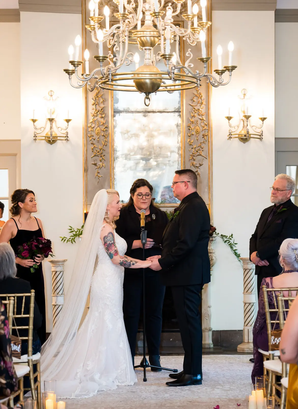 Bride Wearing Beaded Lace Wedding Dress Called Franklynn By Maggie Sottero With Groom At The Ceremony