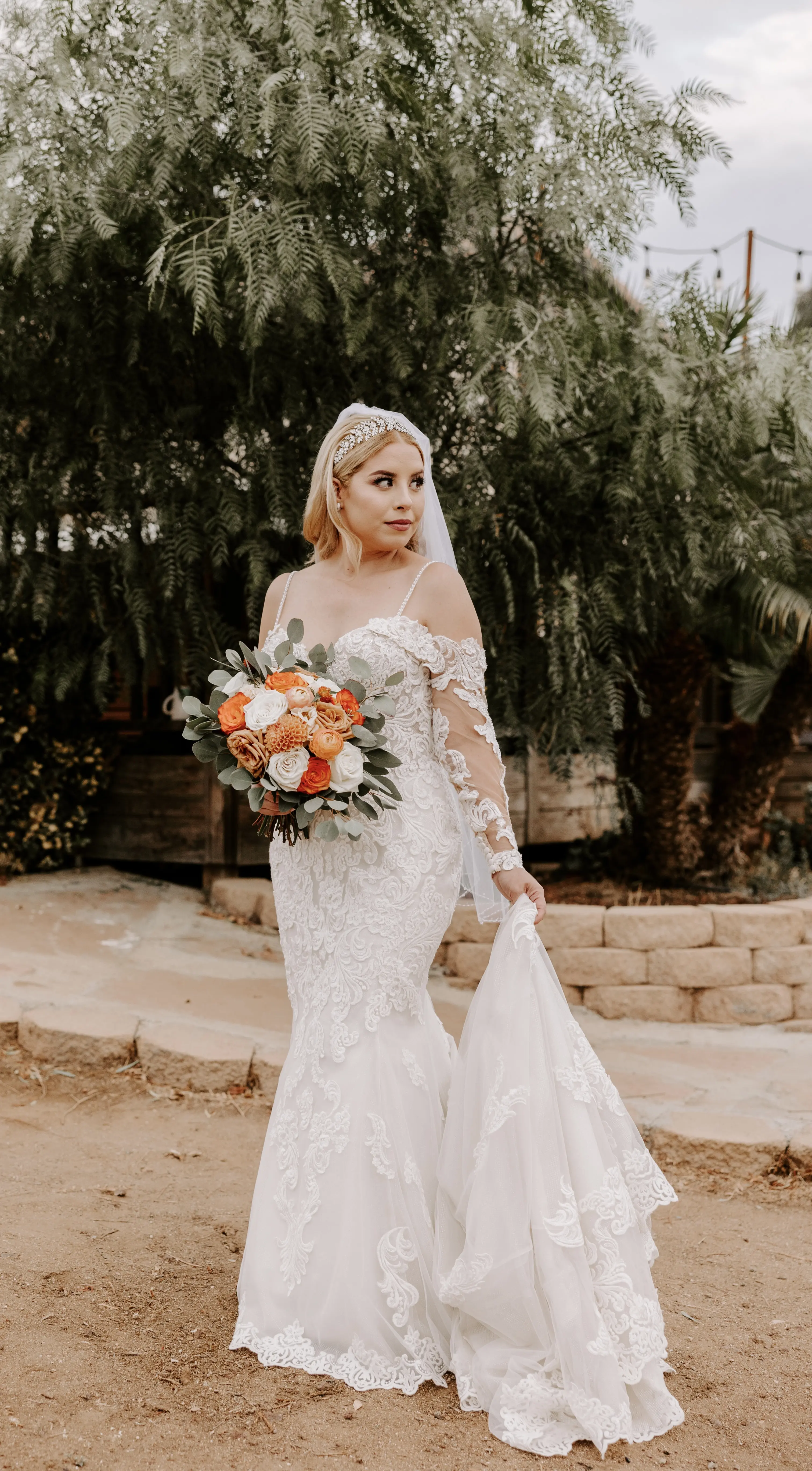 Real Bride in Sparkly Lace Fit-and-Flare Bridal Dress with Off-the-Shoulder Sleeves Called Fiona by Maggie Sottero