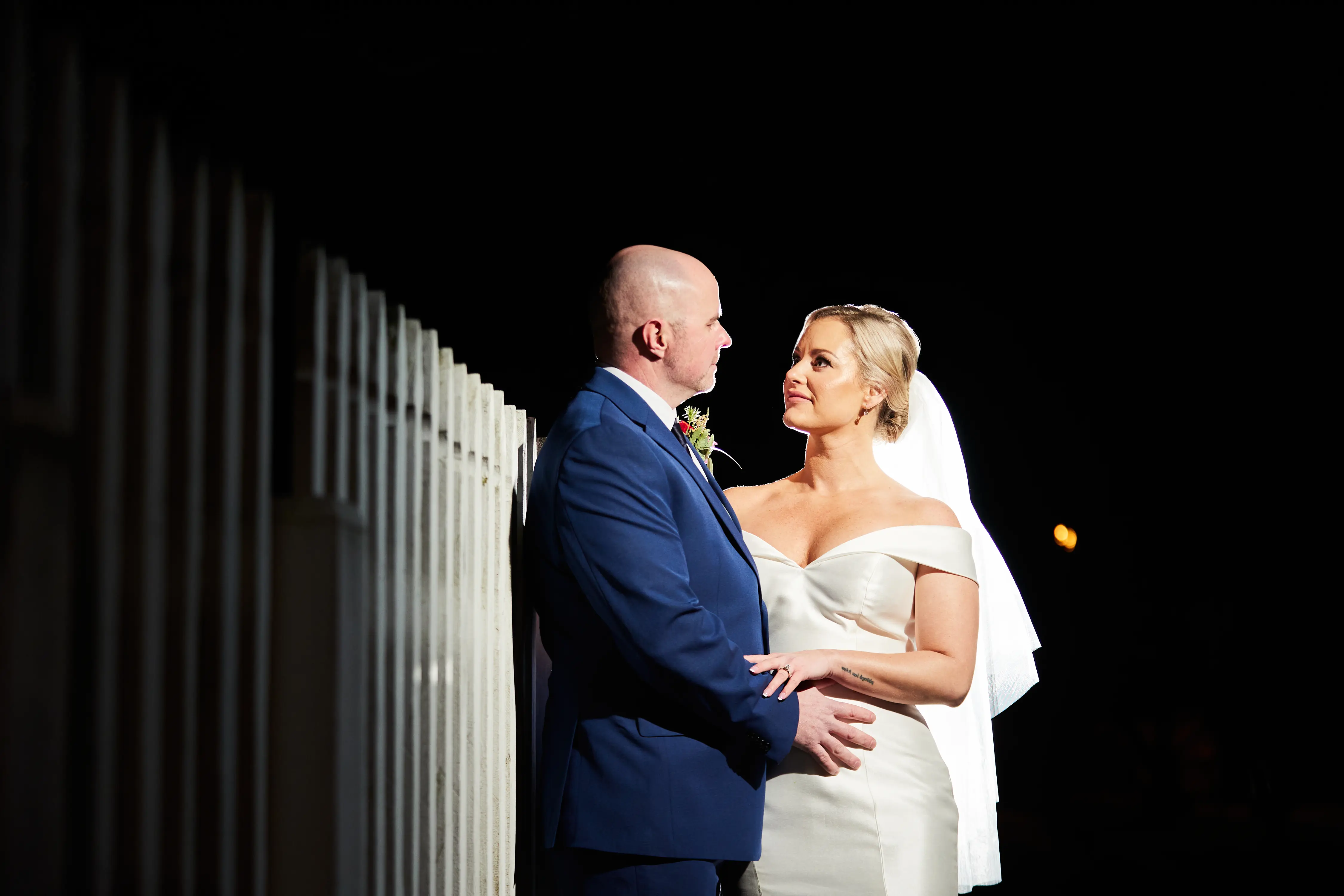 Groom with Bride in Nighttime After Wedding in Vintage Dress Called Josie by Rebecca Ingram.
