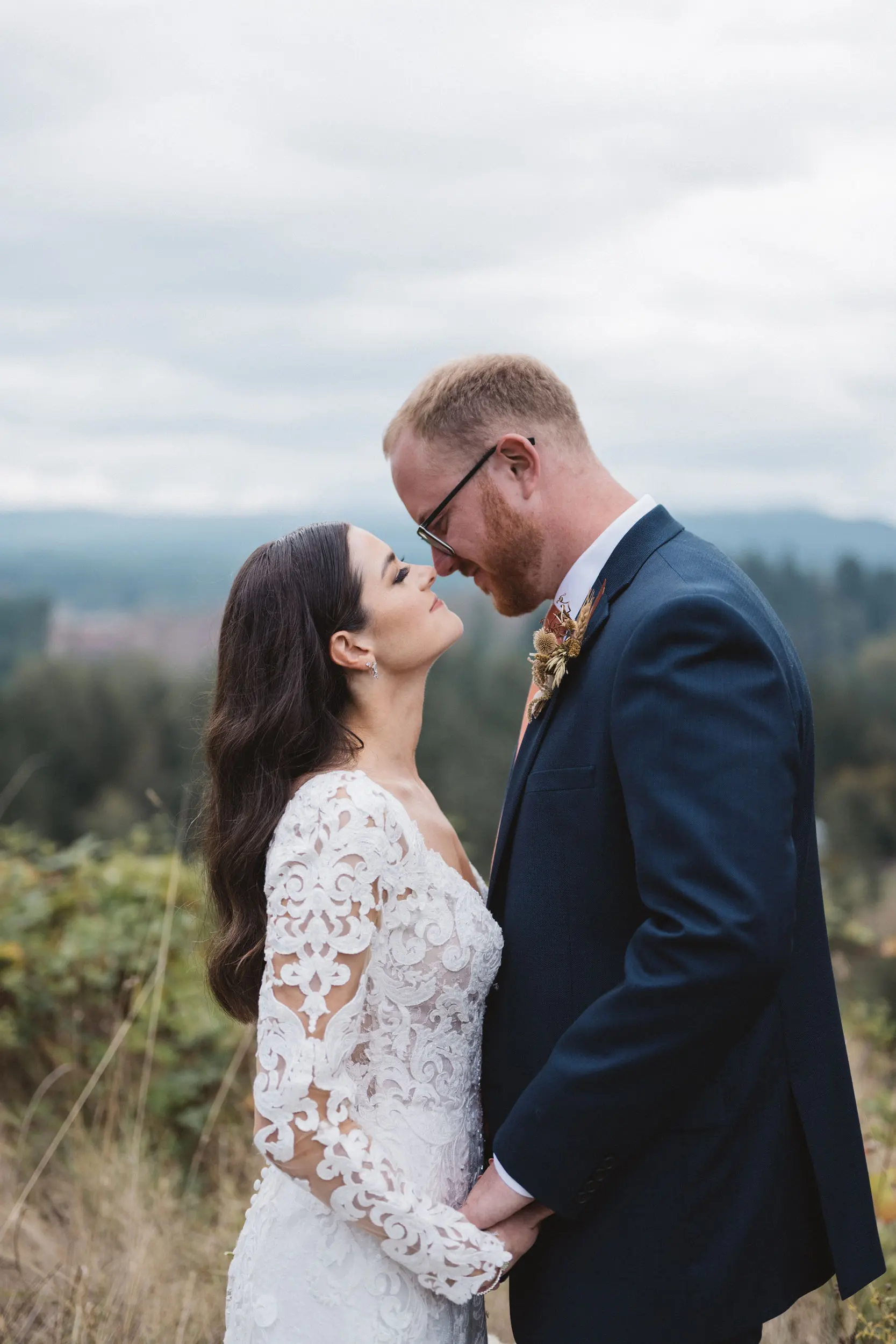 Bride Wearing Long Sleeve A-Line Wedding Dress Called Tuscany Lane By Maggie Sottero With Groom