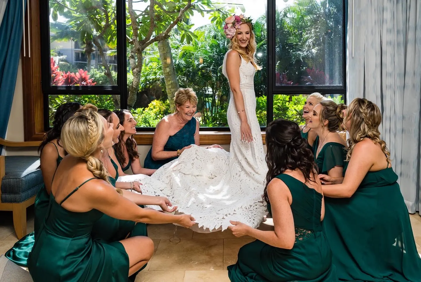 Tropical Bride With Wedding Party In Lace Dress Called Burke By Maggie Sottero