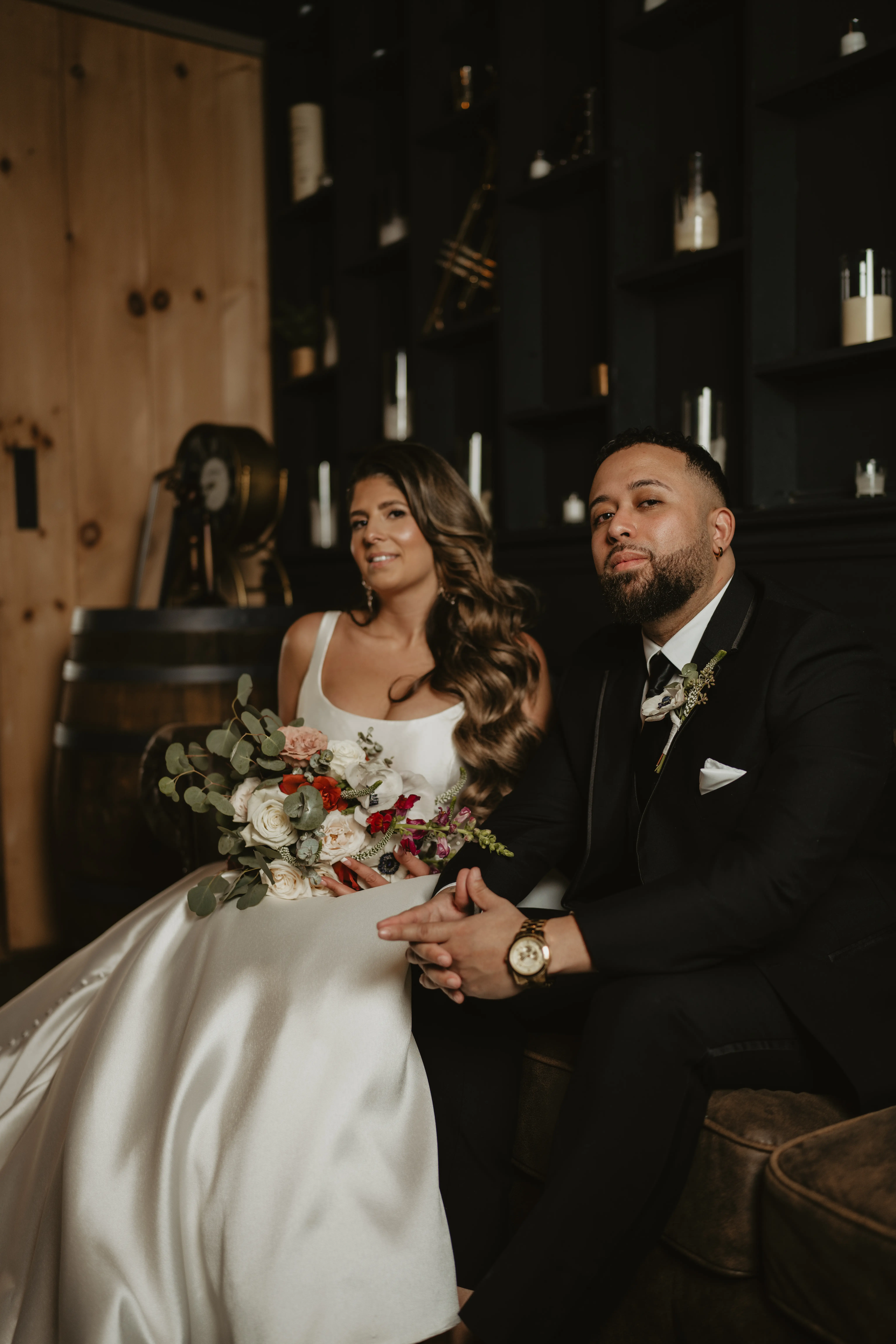 Bride In Simple Satin Wedding Dress Called Selena By Maggie Sottero With Groom