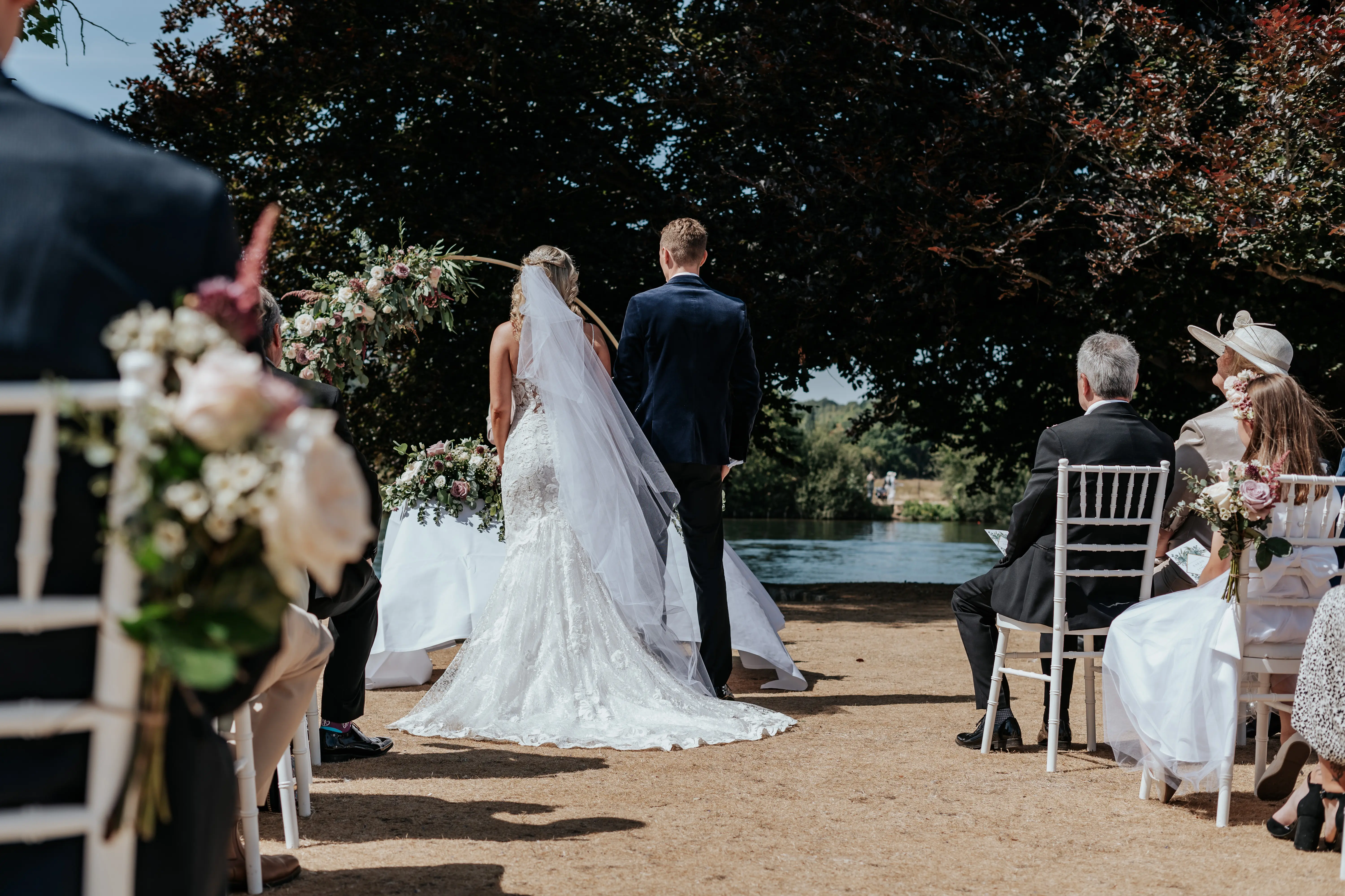 Real Bride in Lace Sheath Wedding Gown with Illusion Plunging Sweetheart Neckline Called Tuscany Lynette by Maggie Sottero