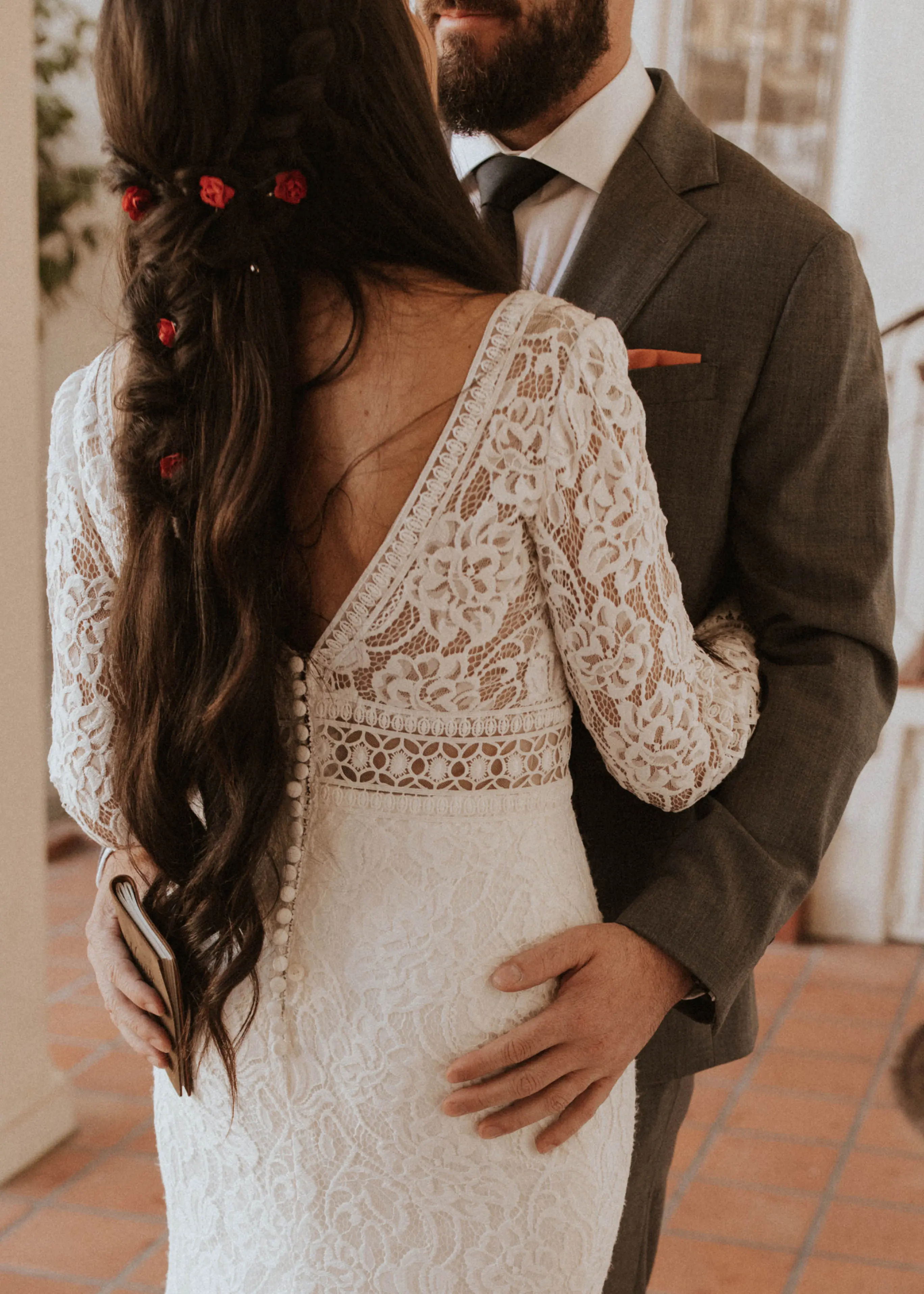 Real Bride in Boho Lace Wedding Dress with Deep Scallop Train called Drita by Maggie Sottero
