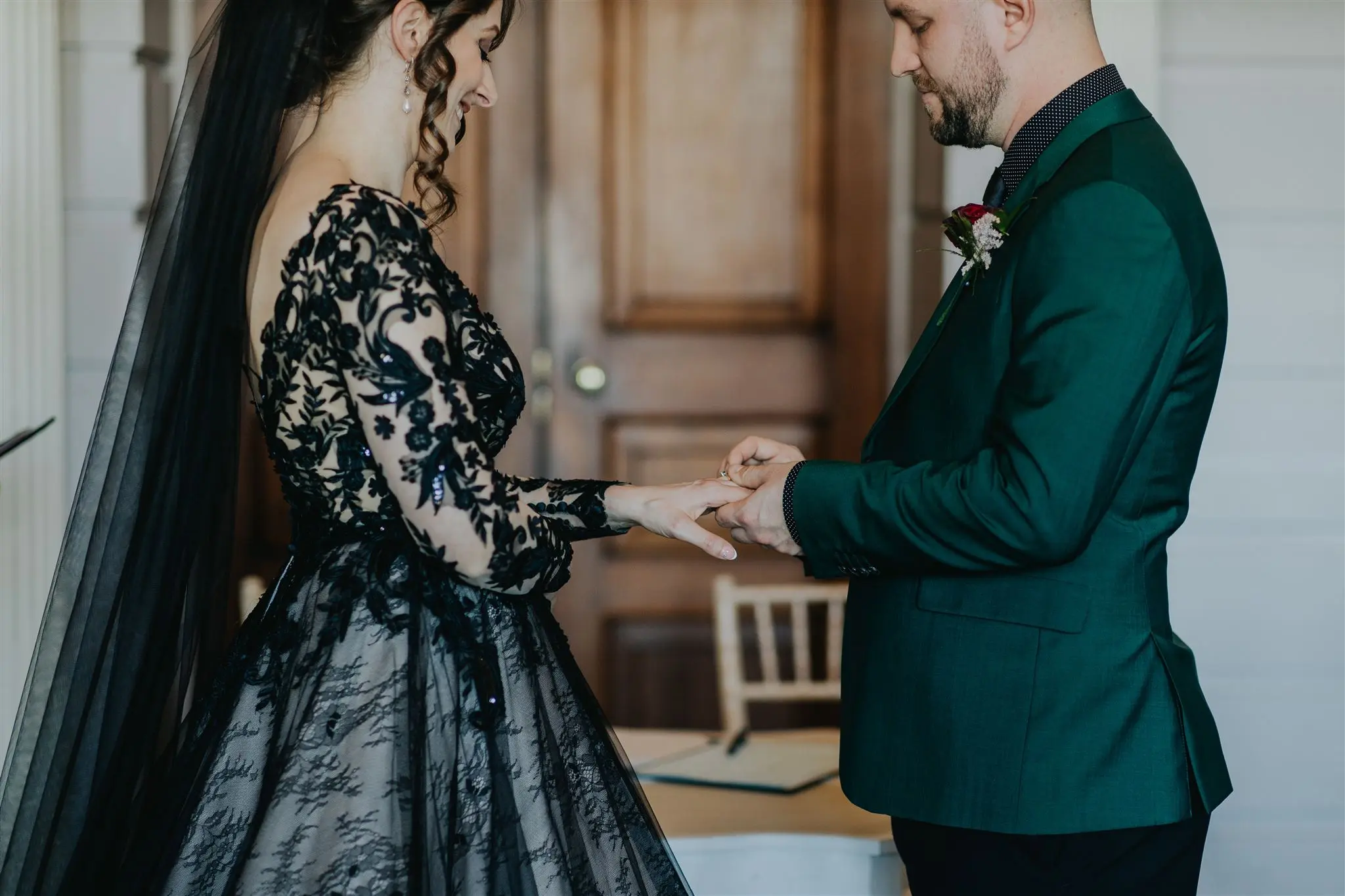 Real Bride in Chic Black Ball Gown Wedding Dress with Contrasting Layers of Tulle and Lace Called Zander by Sottero & Midgley