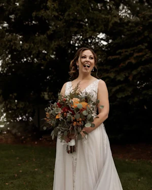 Real Bride in Lace A-Line Bridal Dress Called Raelynn by Rebecca Ingram
