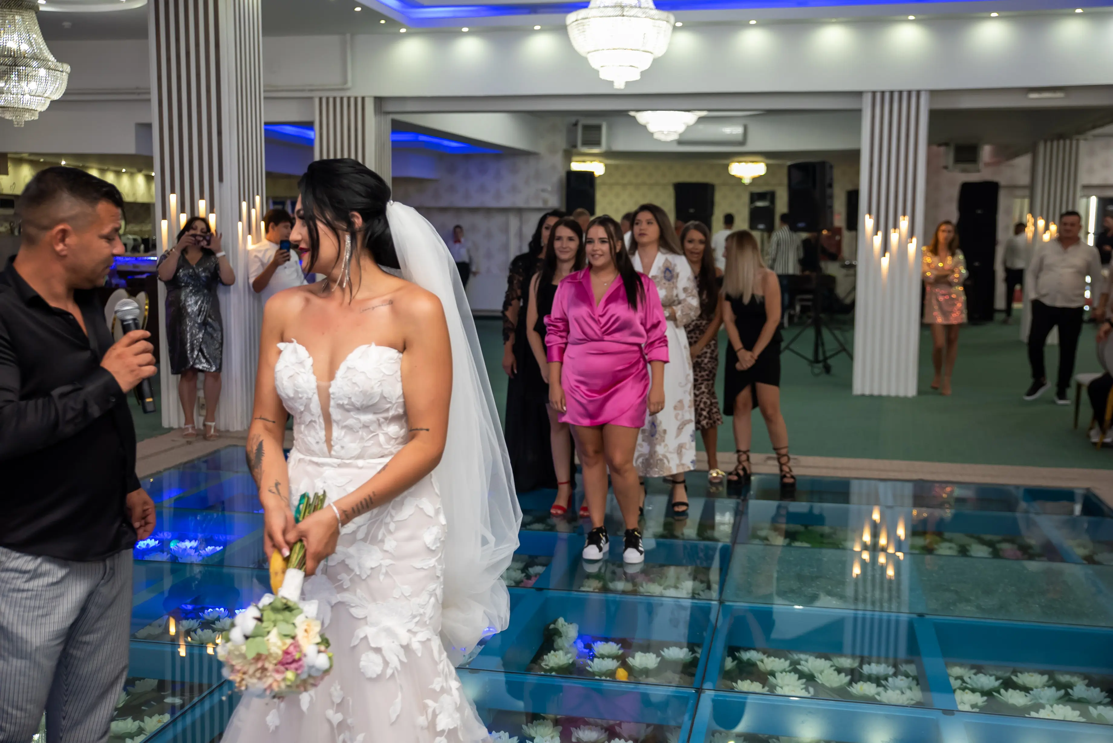 Bride Wearing Lace Mermaid Wedding Gown Called Hattie By Rebecca Ingram Tossing The Bouquet
