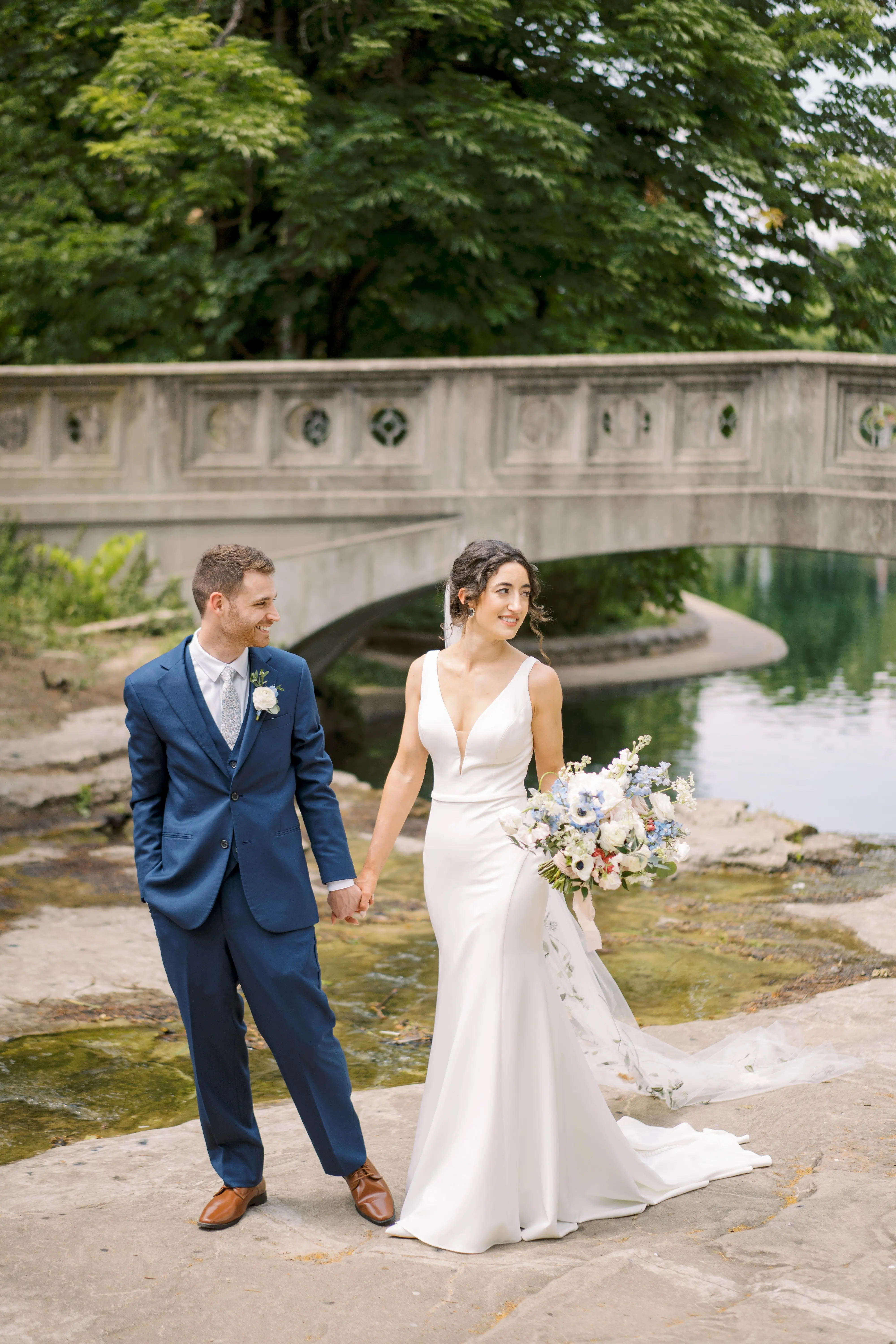Bride In Simple Crepe V-neck Theodora Rebecca Ingram With Groom