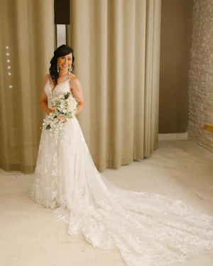 Real Bride in Keyhole Back Wedding Dress in an A-Line Silhouette Called Marlow by Sottero & Midgley