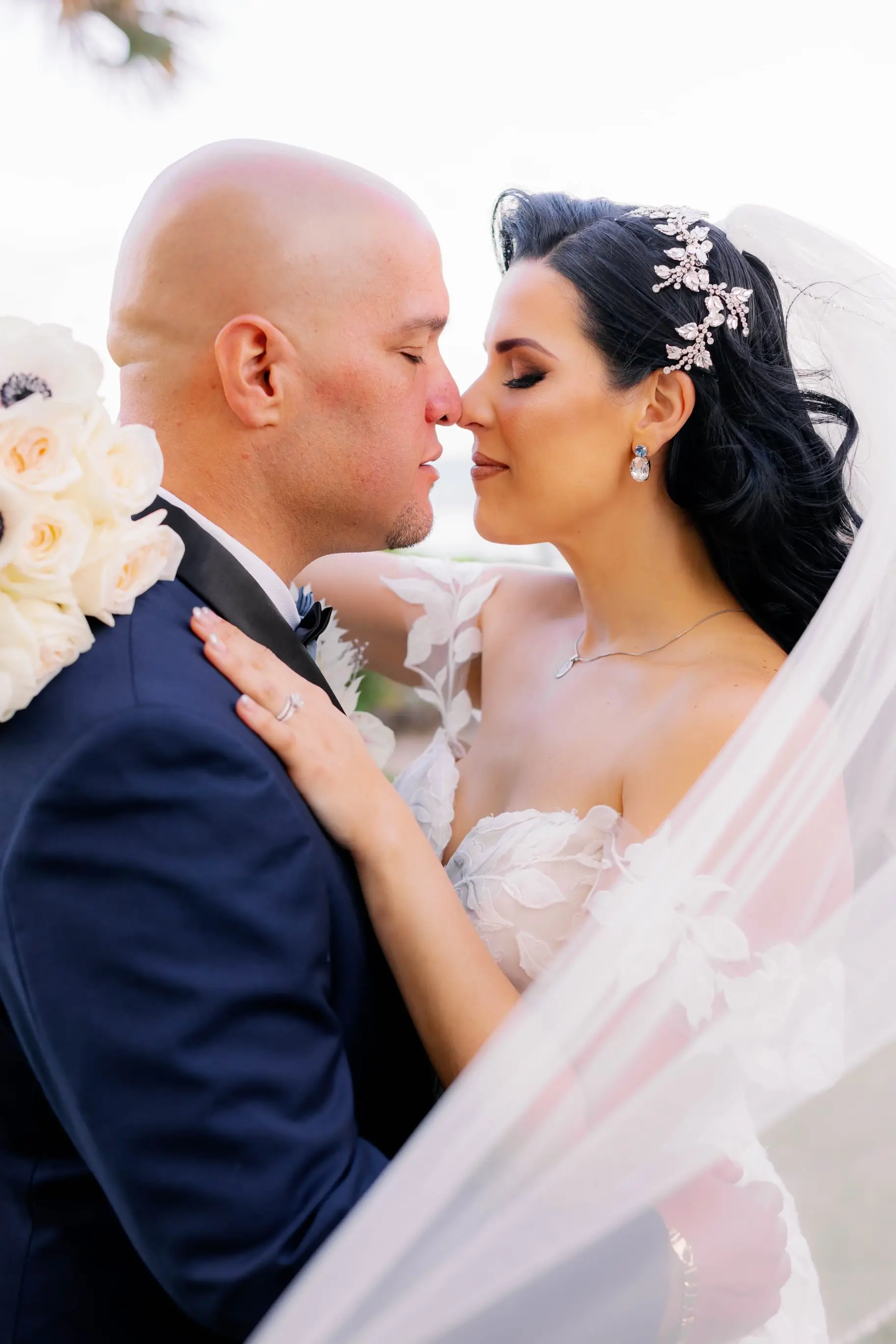 Bride Wearing Lace Mermaid Wedding Gown Called Hattie By Rebecca Ingram With The Groom