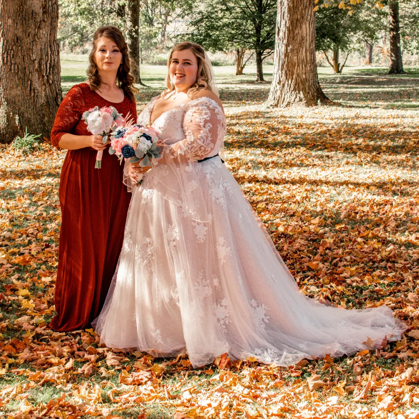 Bride at Fall Themed Wedding Wearing Vintage and Glamorous Wedding Dress Called Meryl Lynette by Maggie Sottero.