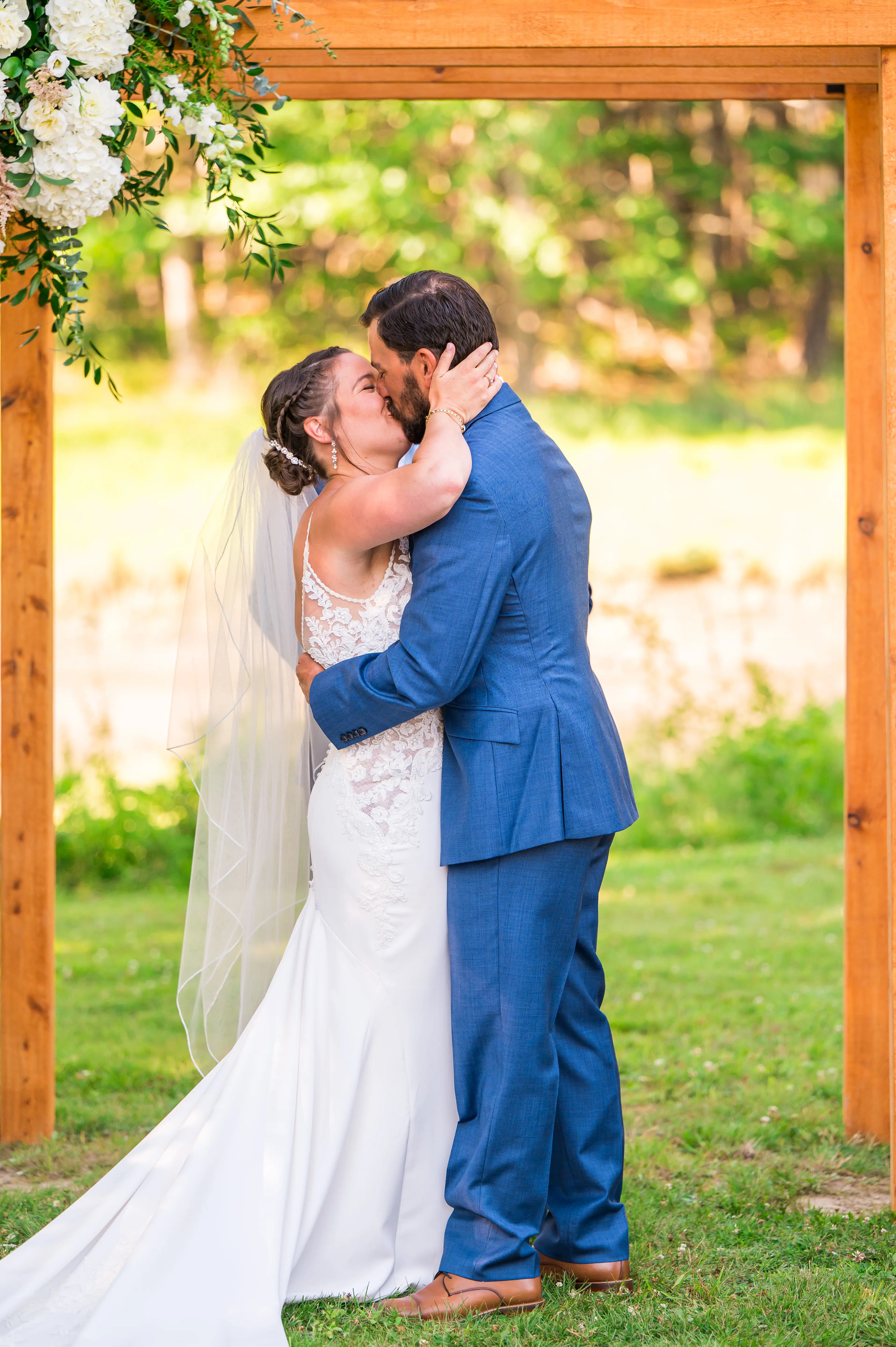 Groom With Bride Wearing Lace Spaghetti Strap Mermaid Wedding Dress Nikki By Maggie Sottero