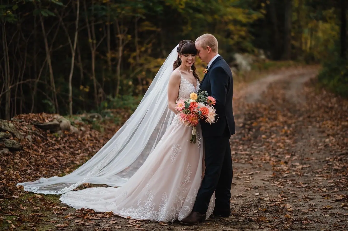 Bride Wearing Lace A-Line Wedding Dress Called Wallis By Maggie Sottero With Groom In The Forest